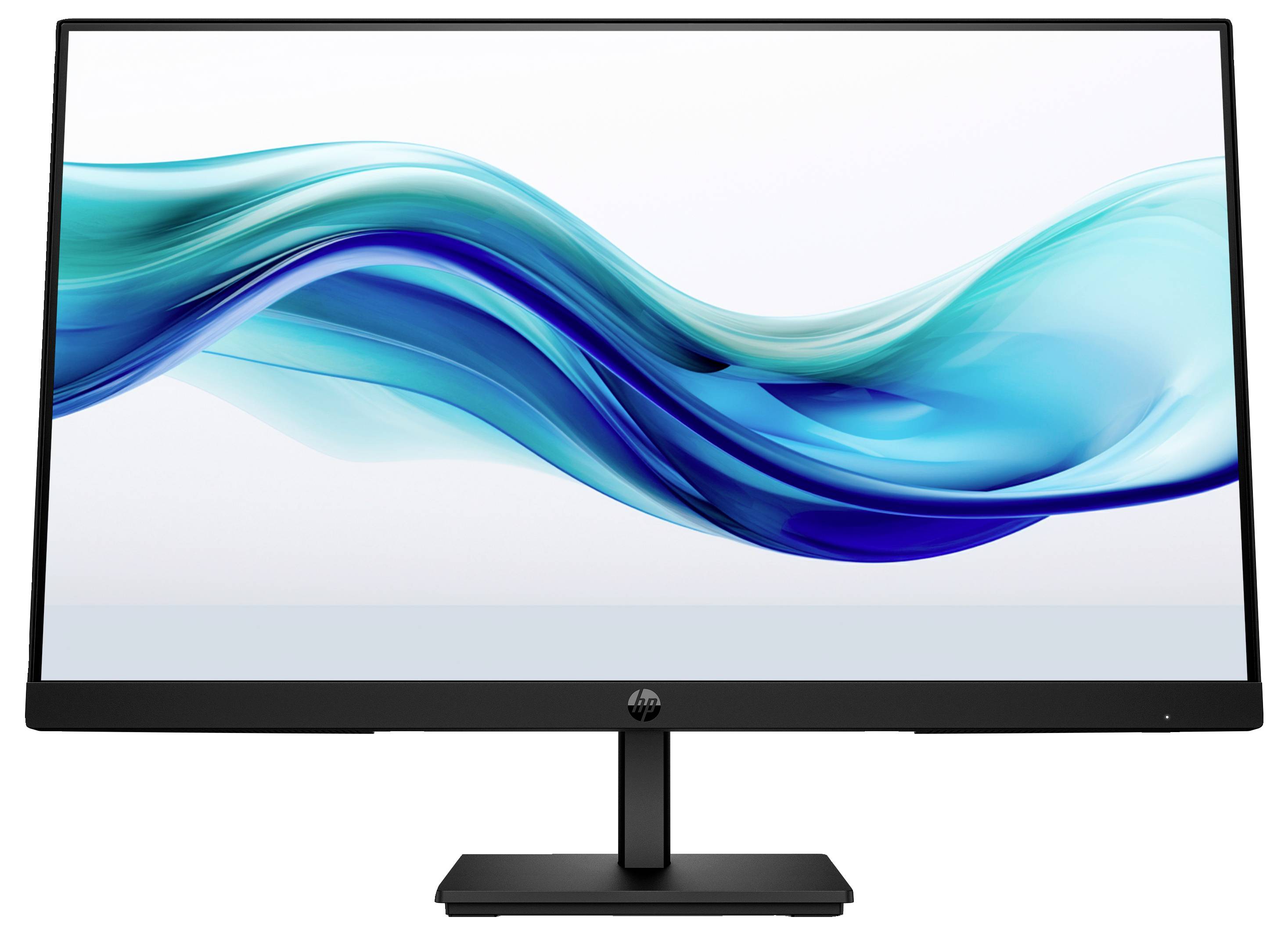 Ein moderner Monitor mit dünnen Rahmen und einem einstellbaren Standfuß zeigt auf dem Bildschirm ein abstraktes, blaues Wellenmuster.