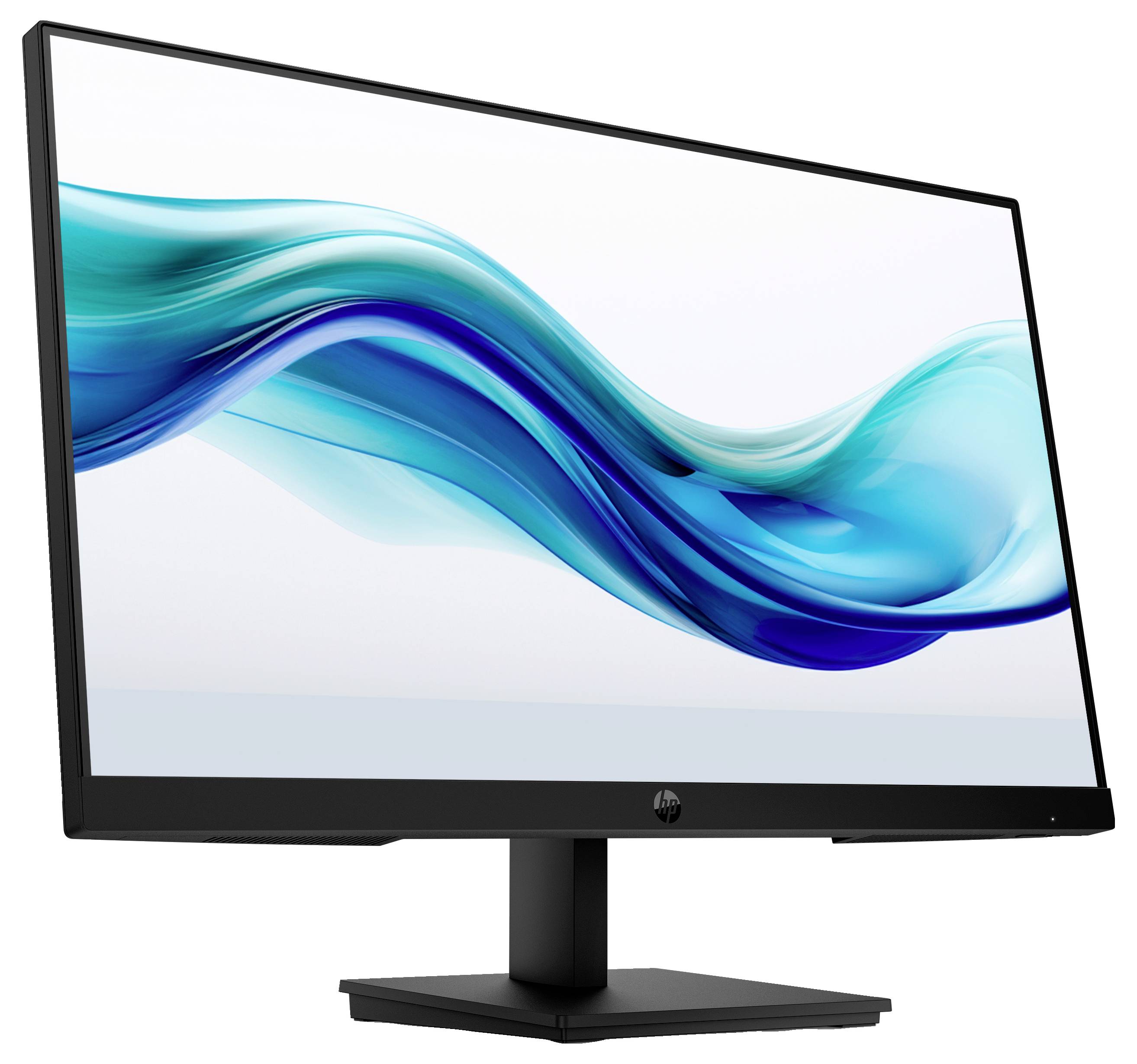 Ein schwarzer Computermonitor mit einem blauen, wellenförmigen Bild auf dem Bildschirm. Der Monitor ist auf einem schwarzen Ständer montiert.