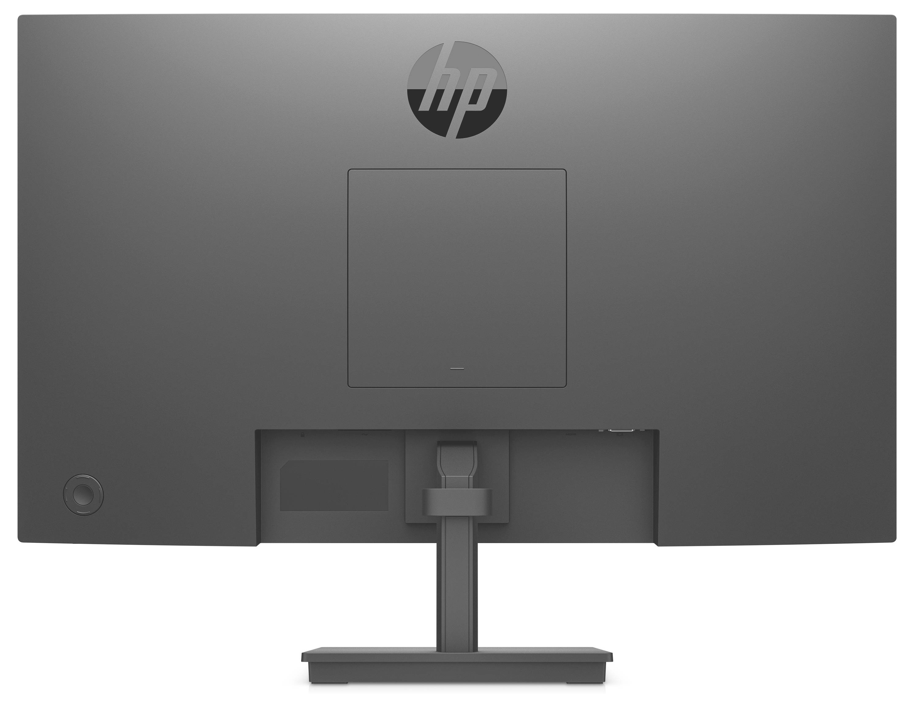Ein grauer Computermonitor von hinten, zeigt das HP-Logo oben und die Monitorhalterung unten.