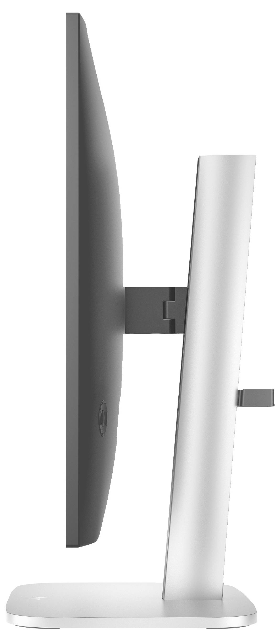 Seitenansicht eines schlanken Monitors auf einem verstellbaren Standfuß, der eine Neigung des Bildschirms ermöglicht.
