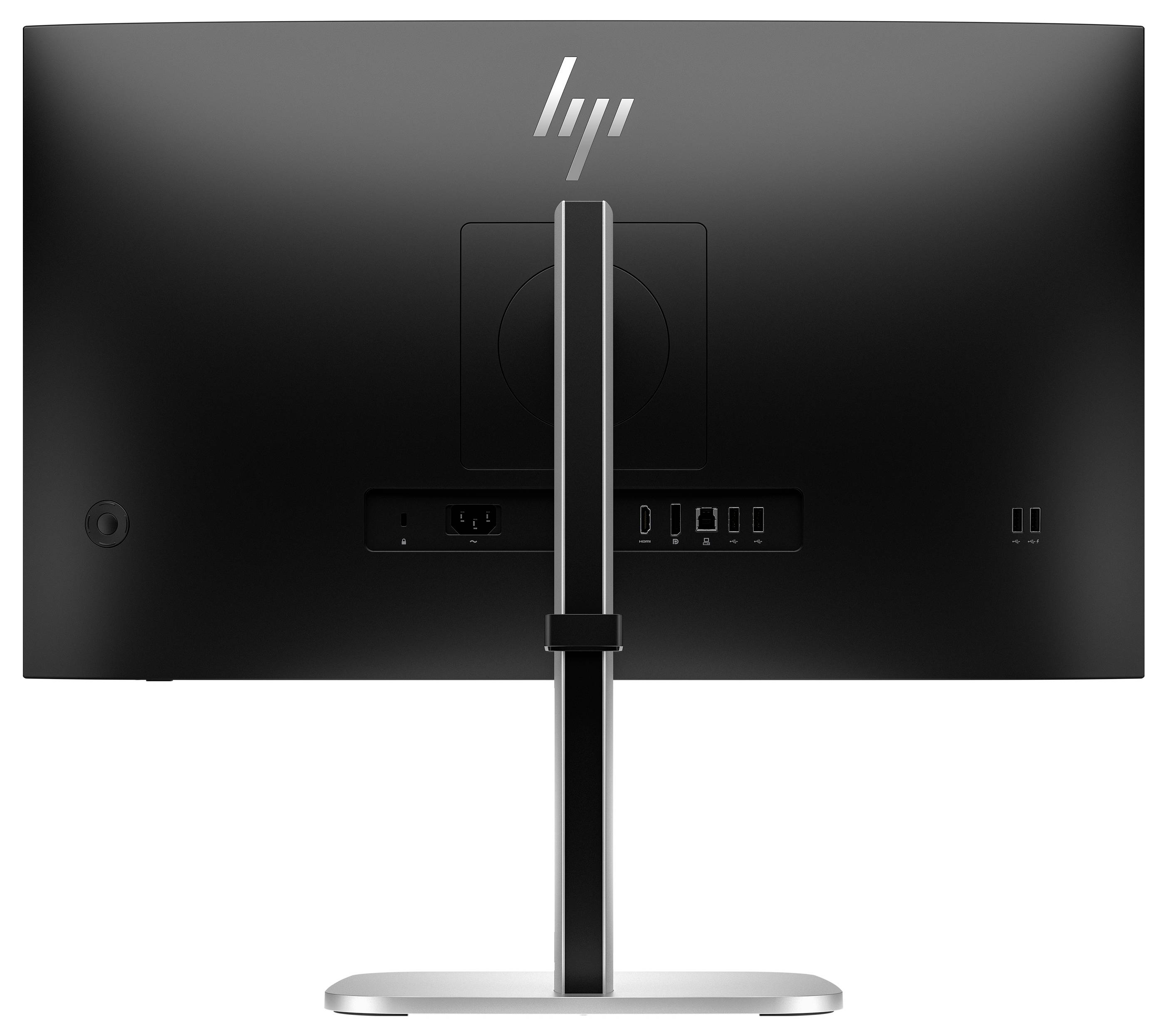 Rückansicht eines schwarzen Computerbildschirms auf einem silbernen Standfuß. Er zeigt die Anschlüsse und das Firmenlogo oben.