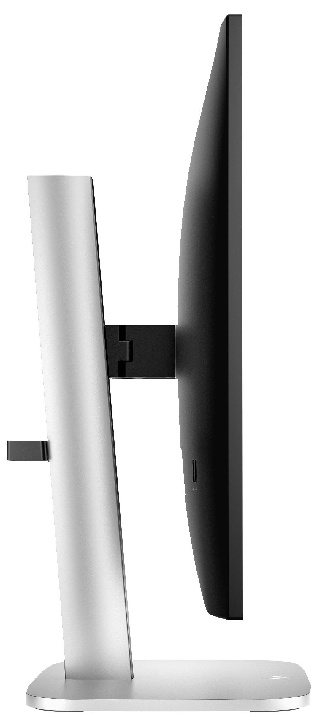 Seitenansicht eines modernen Computerbildschirms auf einem schlanken silbernen Standfuß.