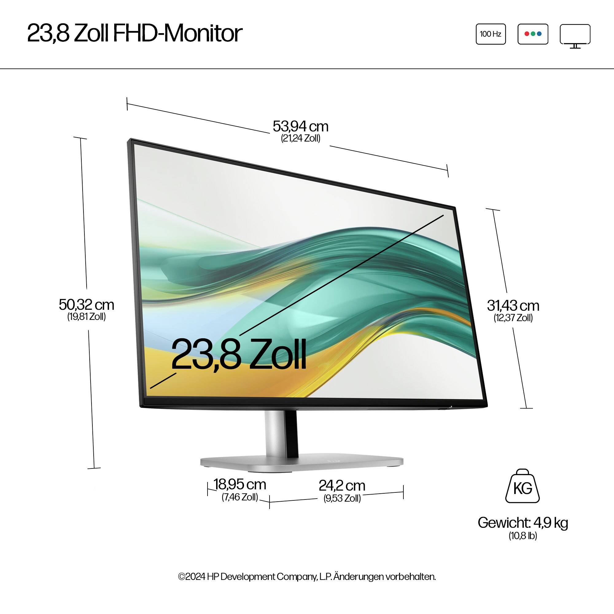 23,8 Zoll FHD-Monitor mit Maßen: 53,94 cm Breite, 31,43 cm Höhe. Gewicht: 4,9 kg. Bildschirmdiagonale: 23,8 Zoll.
