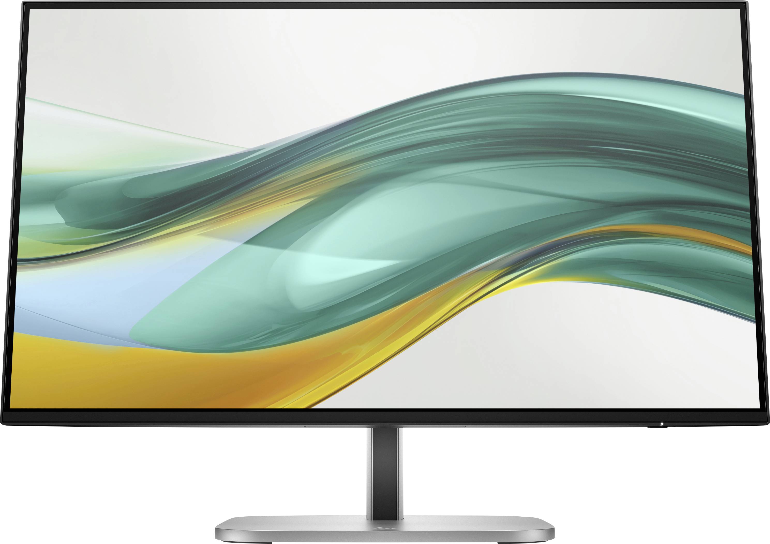 Ein moderner Computermonitor mit schlankem Design und einer wellenförmigen abstrakten Grafik auf dem Bildschirm.