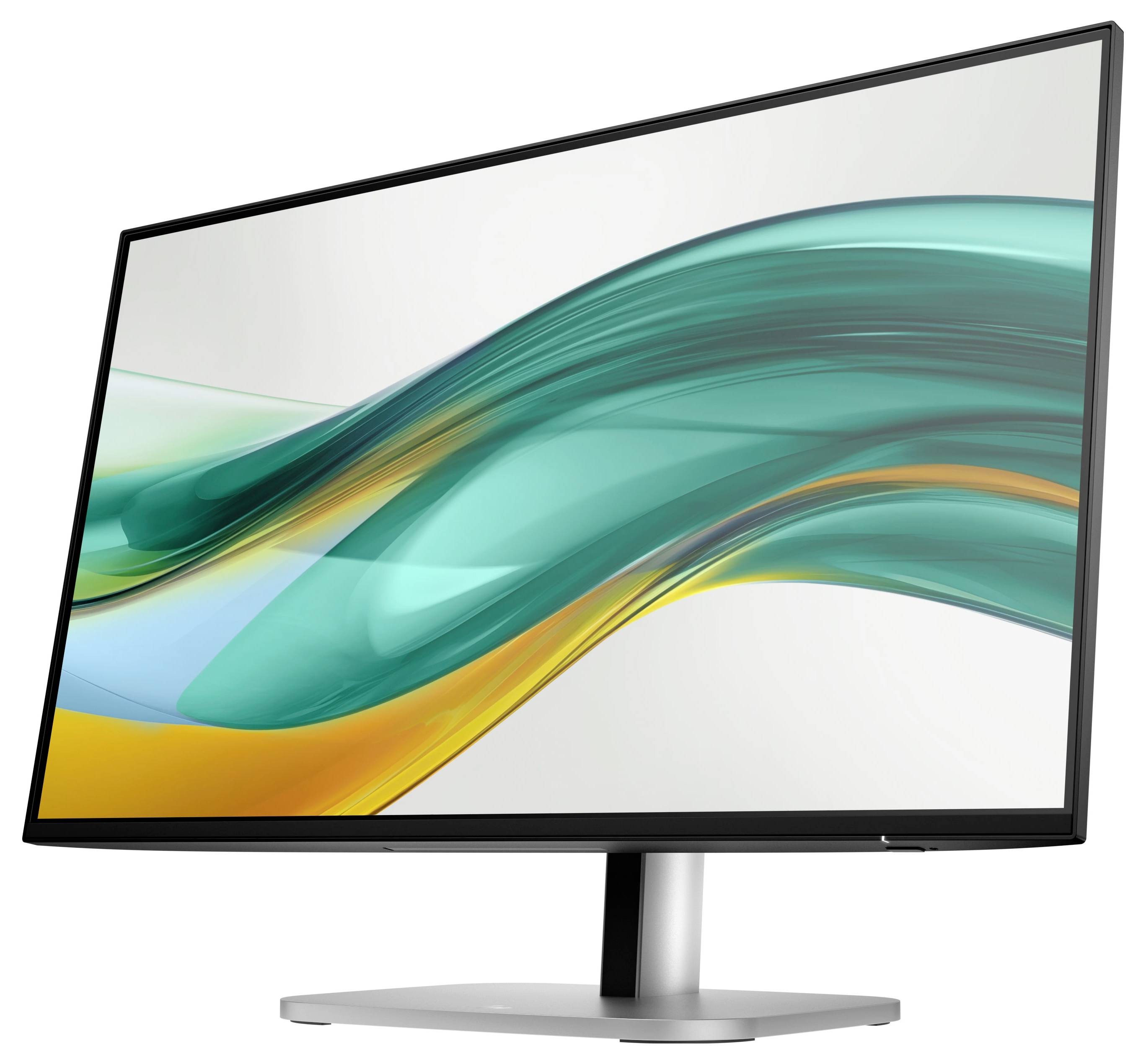 Ein Computermonitor mit einem modernen, schlanken Design, zeigt ein abstraktes Bild mit grünen und gelben Wellen auf weißem Hintergrund.