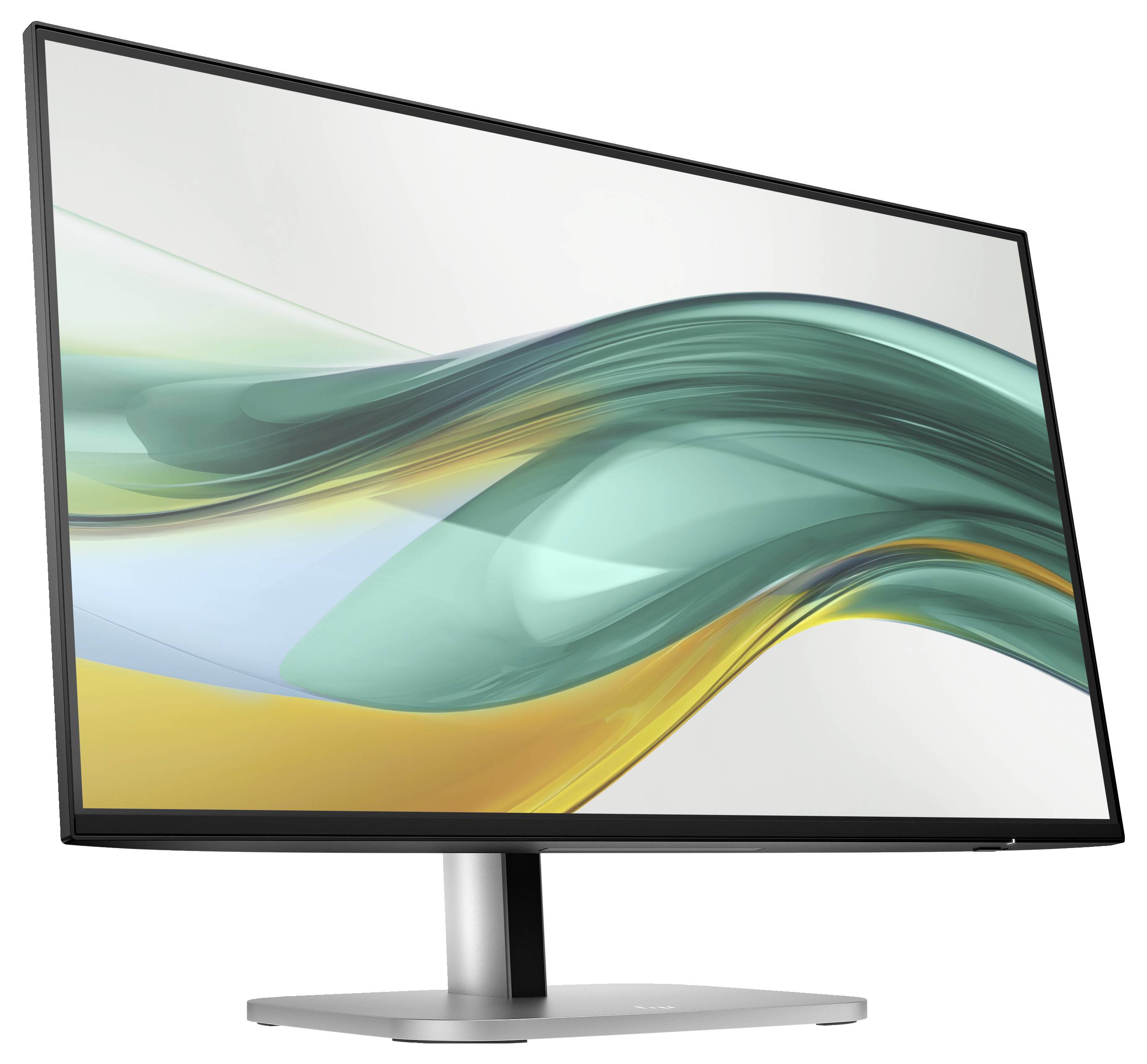 Ein moderner Computerbildschirm mit einem schlanken Design zeigt ein abstraktes, farbenfrohes Muster in Grün- und Gelbtönen.