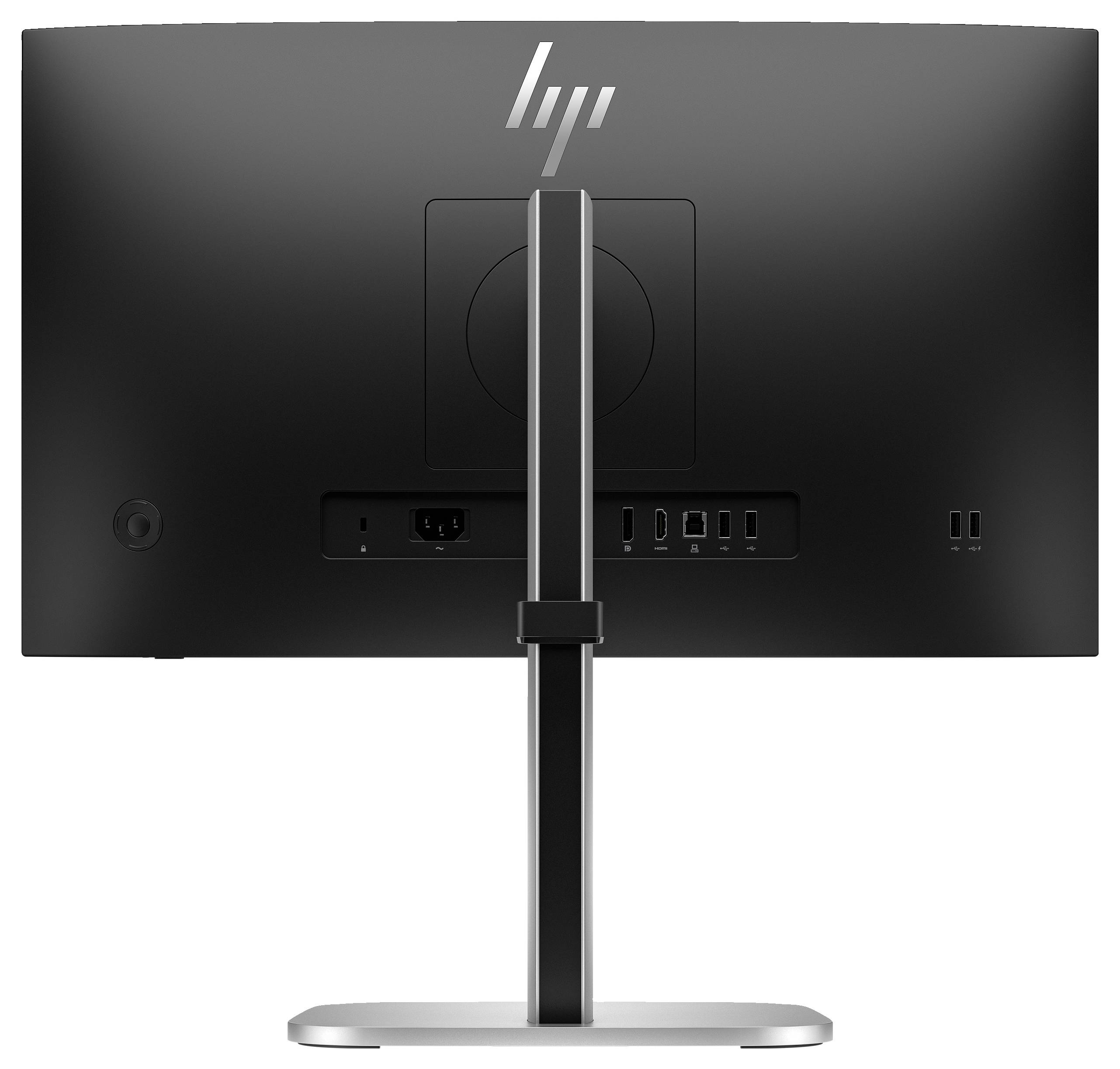 Rückansicht eines schwarzen Computerbildschirms mit mehreren Anschlüssen und einem stilisierten Logo oben.