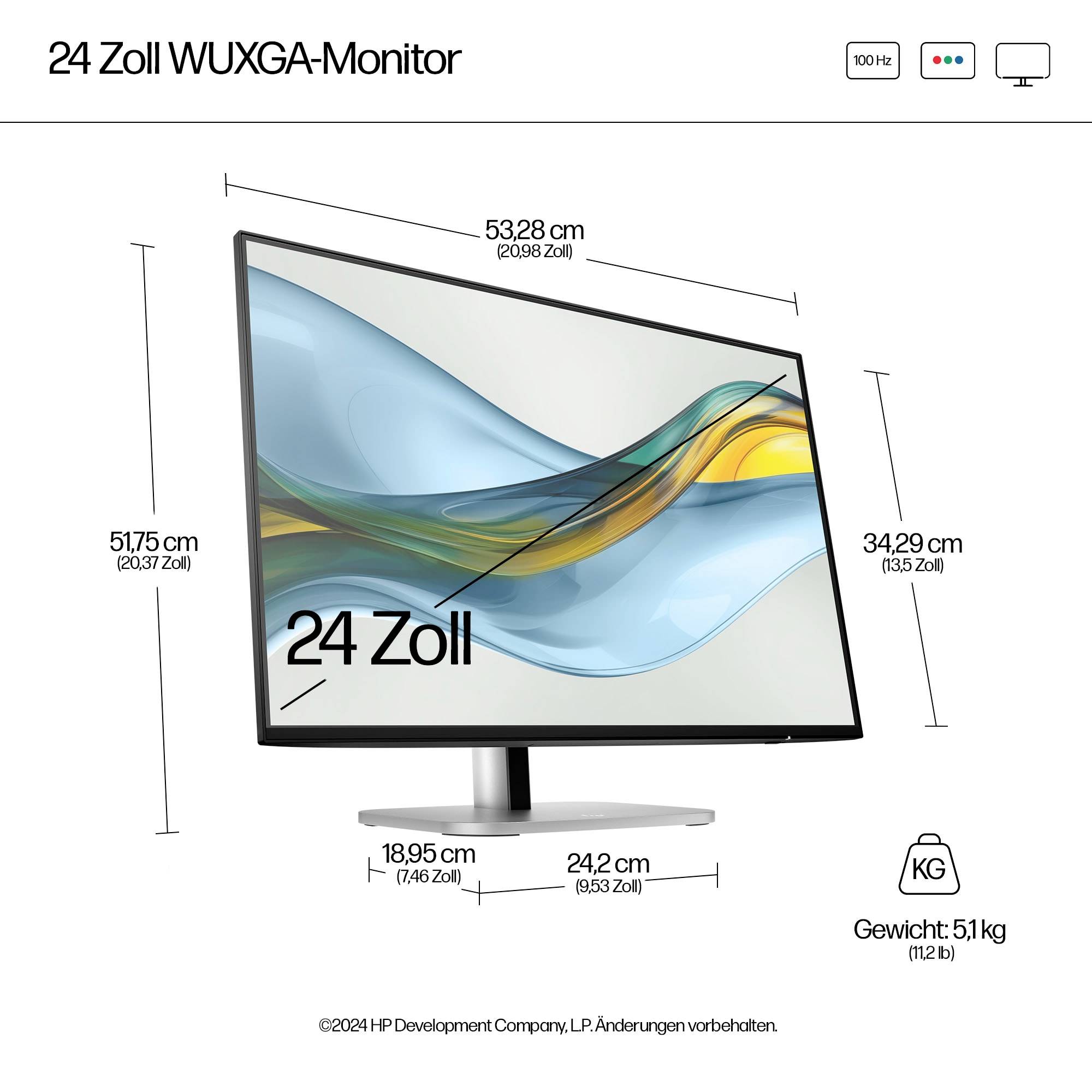 Ein 24-Zoll-WUXGA-Monitor mit den Maßen 51,75 cm x 34,29 cm und einem Gewicht von 5,1 kg. Entworfen von HP Development Company.