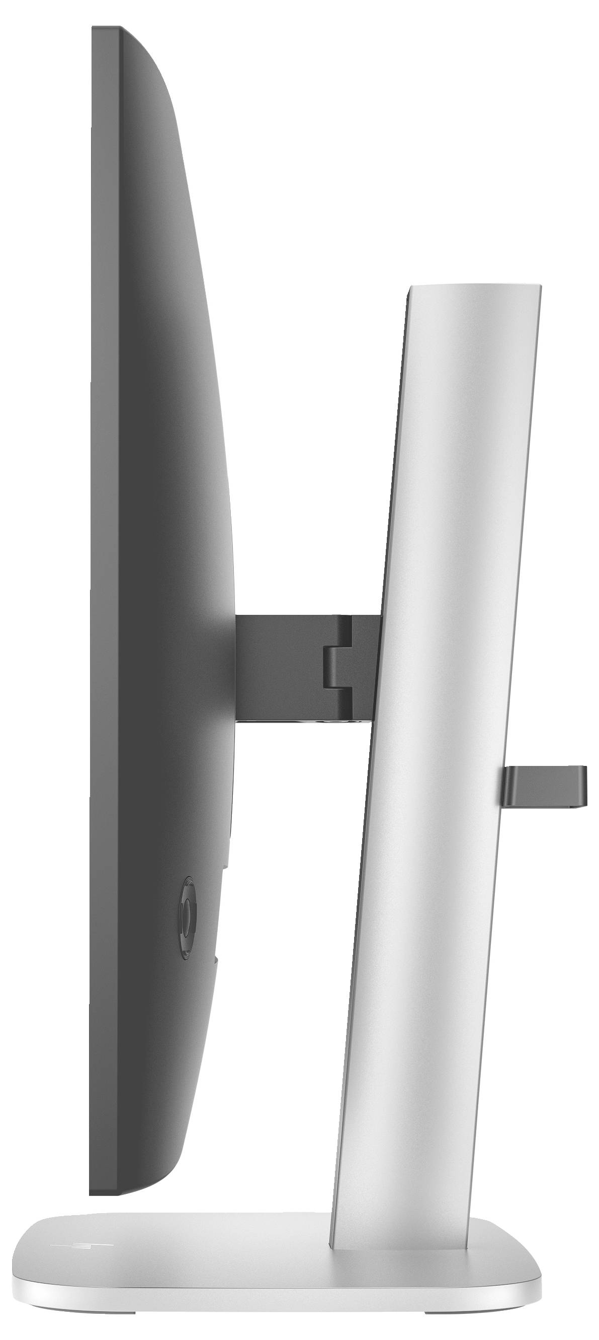 Seitenansicht eines modernen Computermonitors auf einem Standfuß. Der Bildschirm ist dünn und hat ein schlankes, minimalistisches Design.
