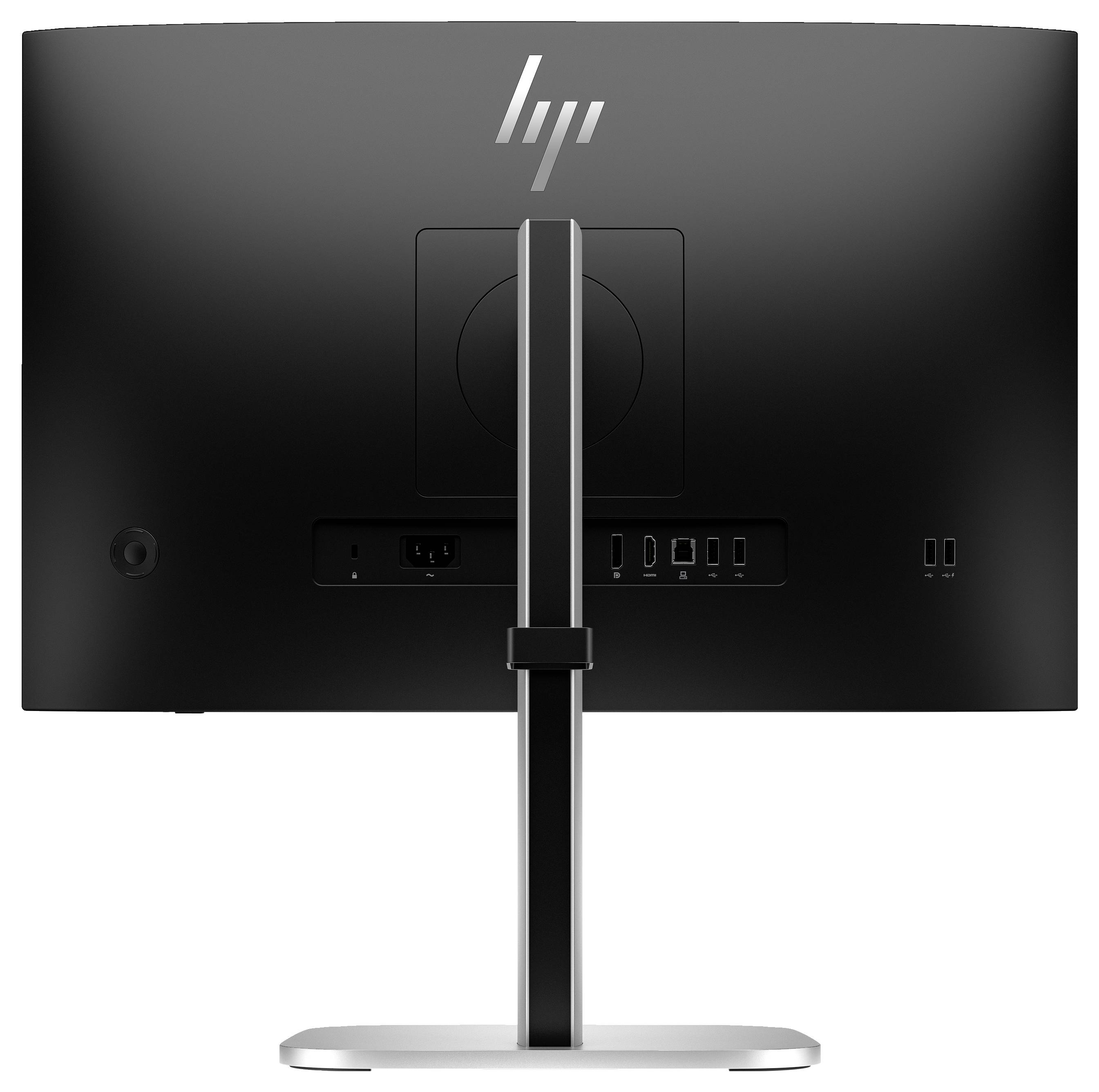 Ein schwarzer Computerbildschirm von hinten, mit verschiedenen Anschlüssen wie HDMI und USB, auf einem silbernen Standfuß montiert.