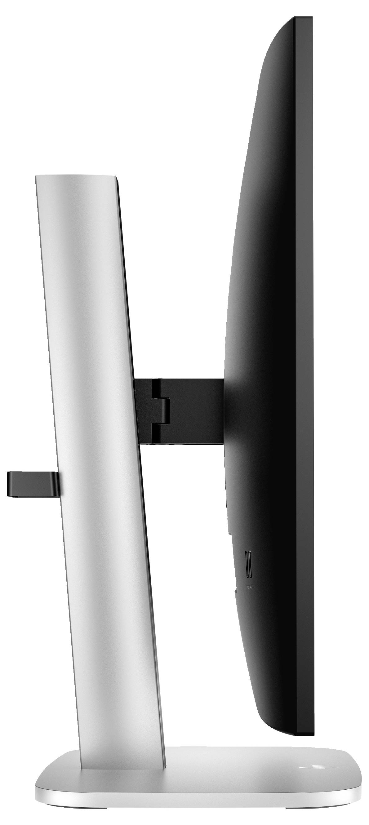 Seitenansicht eines modernen Computerbildschirms mit schlankem Design, schwarzem Display und silbernem Standfuß.