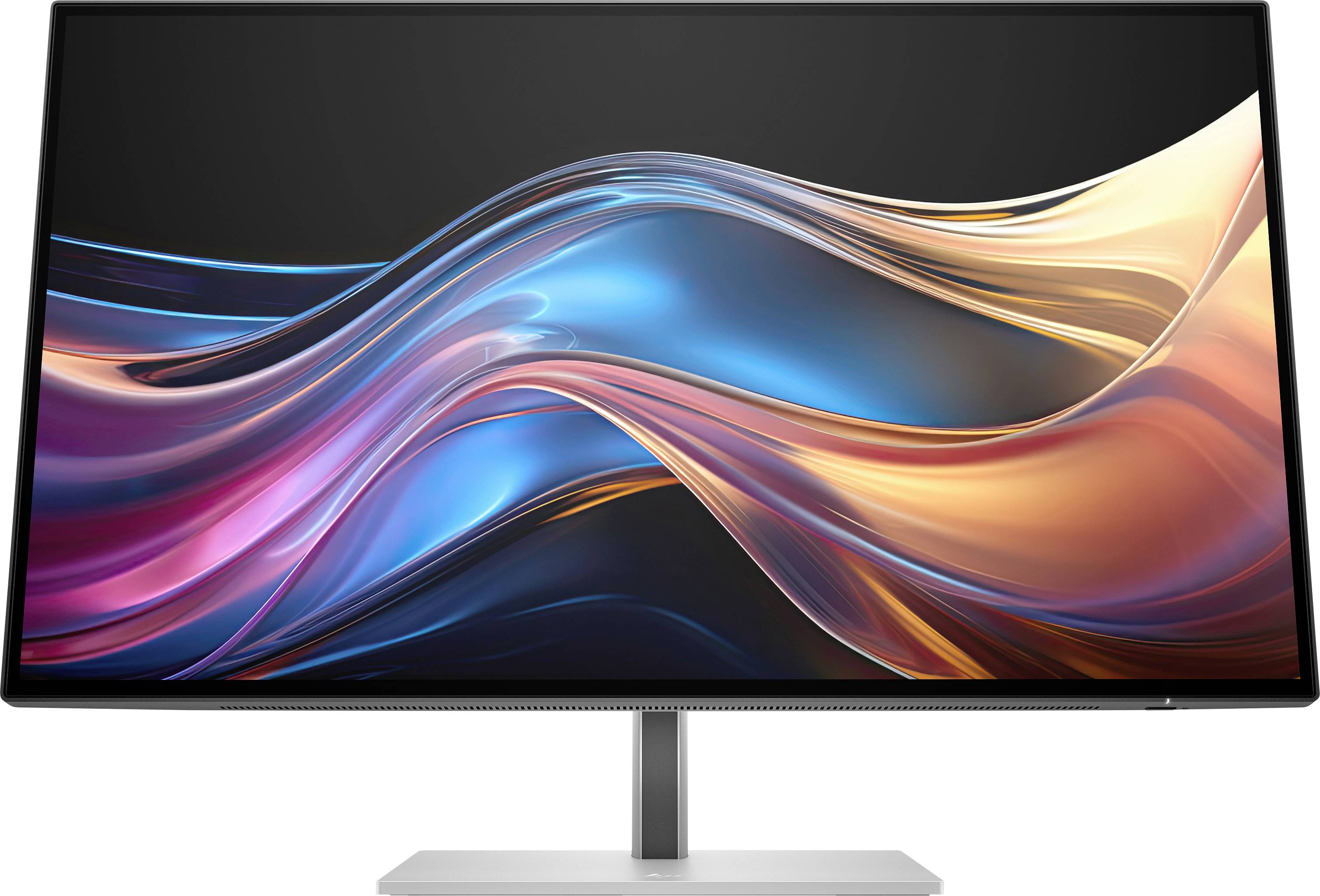 Ein Computermonitor zeigt ein abstraktes, mehrfarbiges Wellenmotiv mit leuchtenden Tönen in Blau, Rosa und Gold.
