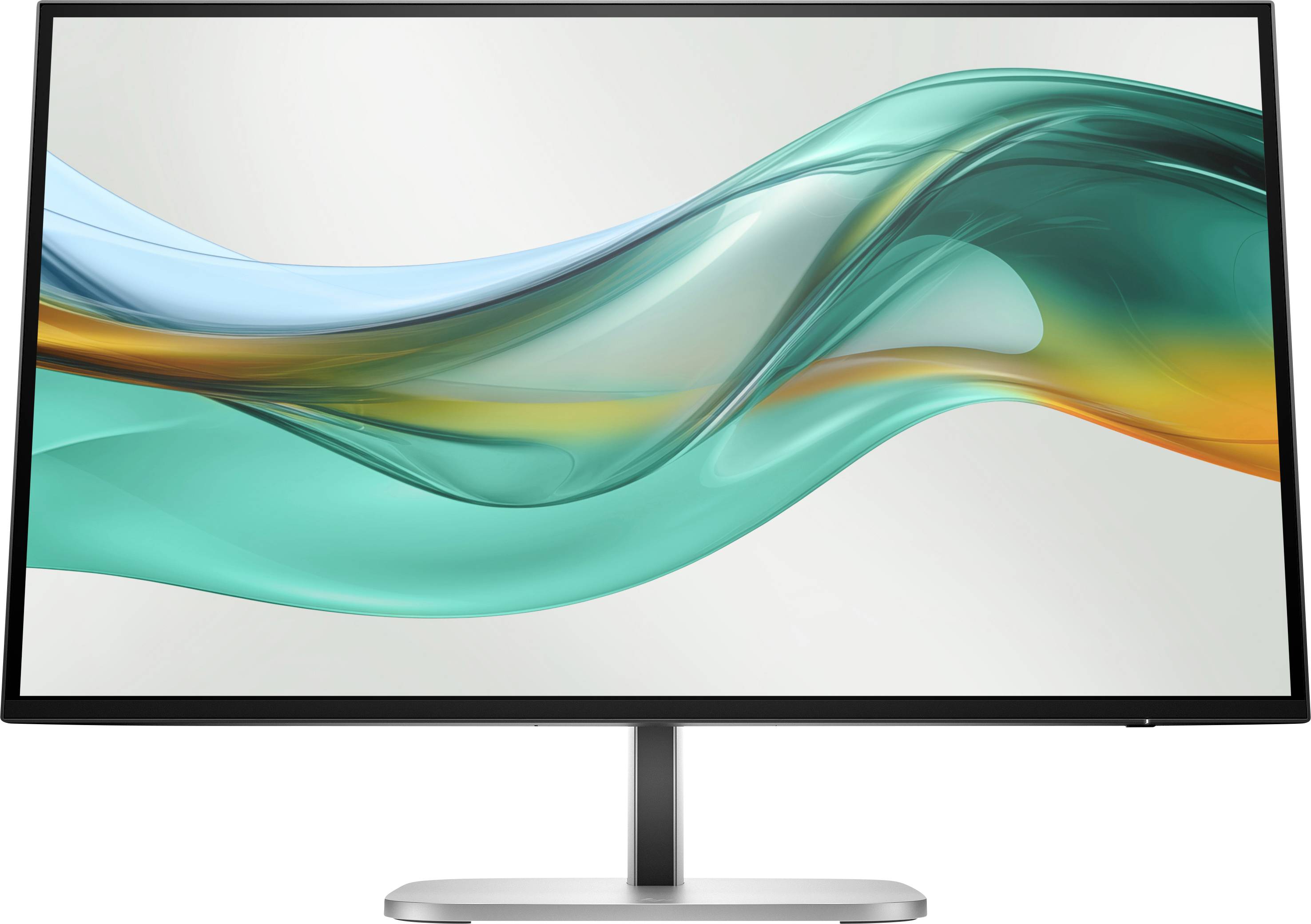 Ein moderner Computerbildschirm mit einem abstrakten Farbverlauf aus Türkis, Blau und Orange auf dem Display.