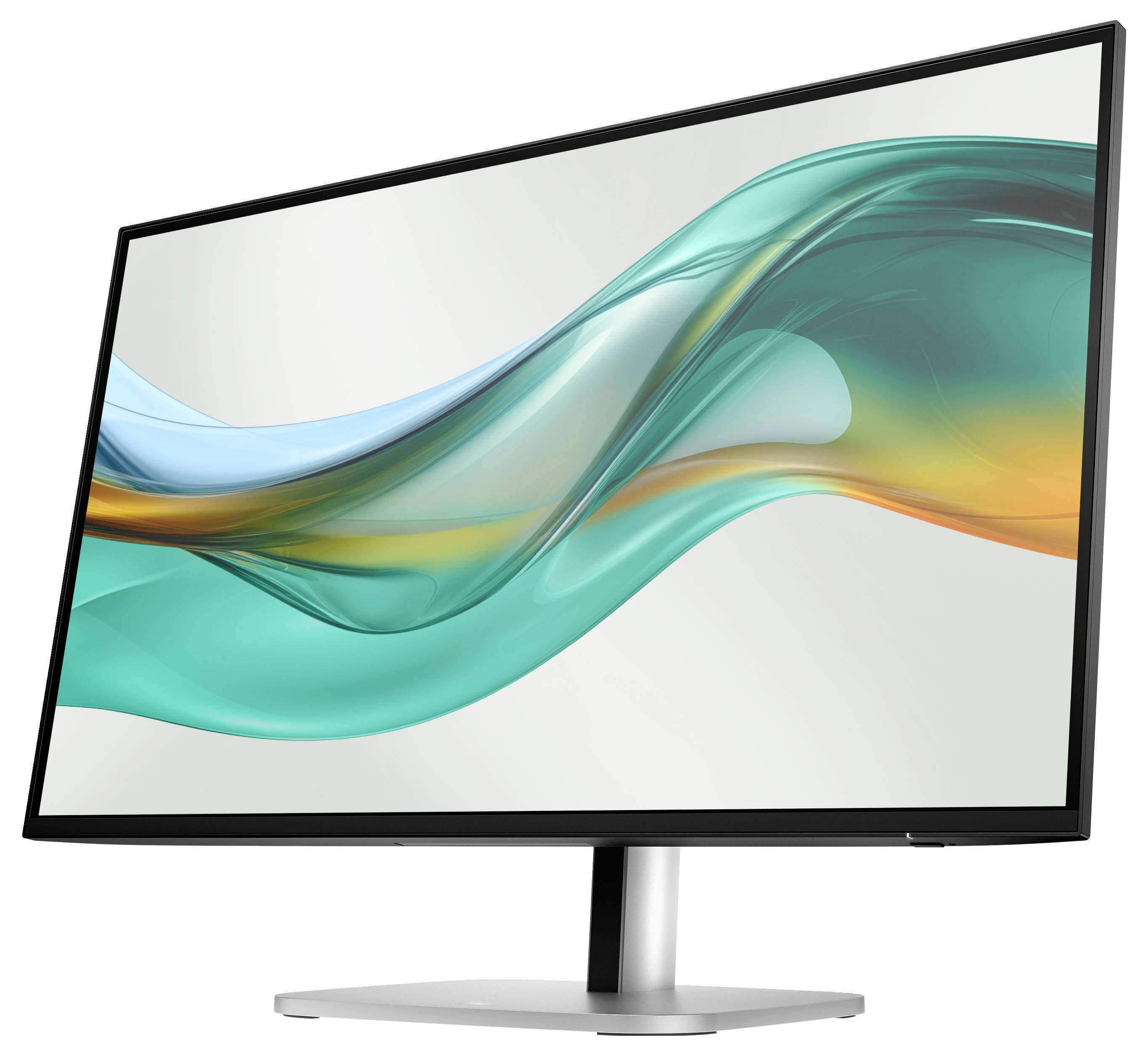 Ein moderner Computerbildschirm mit schlankem Design zeigt kreative Wellenmuster in Blau- und Grüntönen auf dem Display.