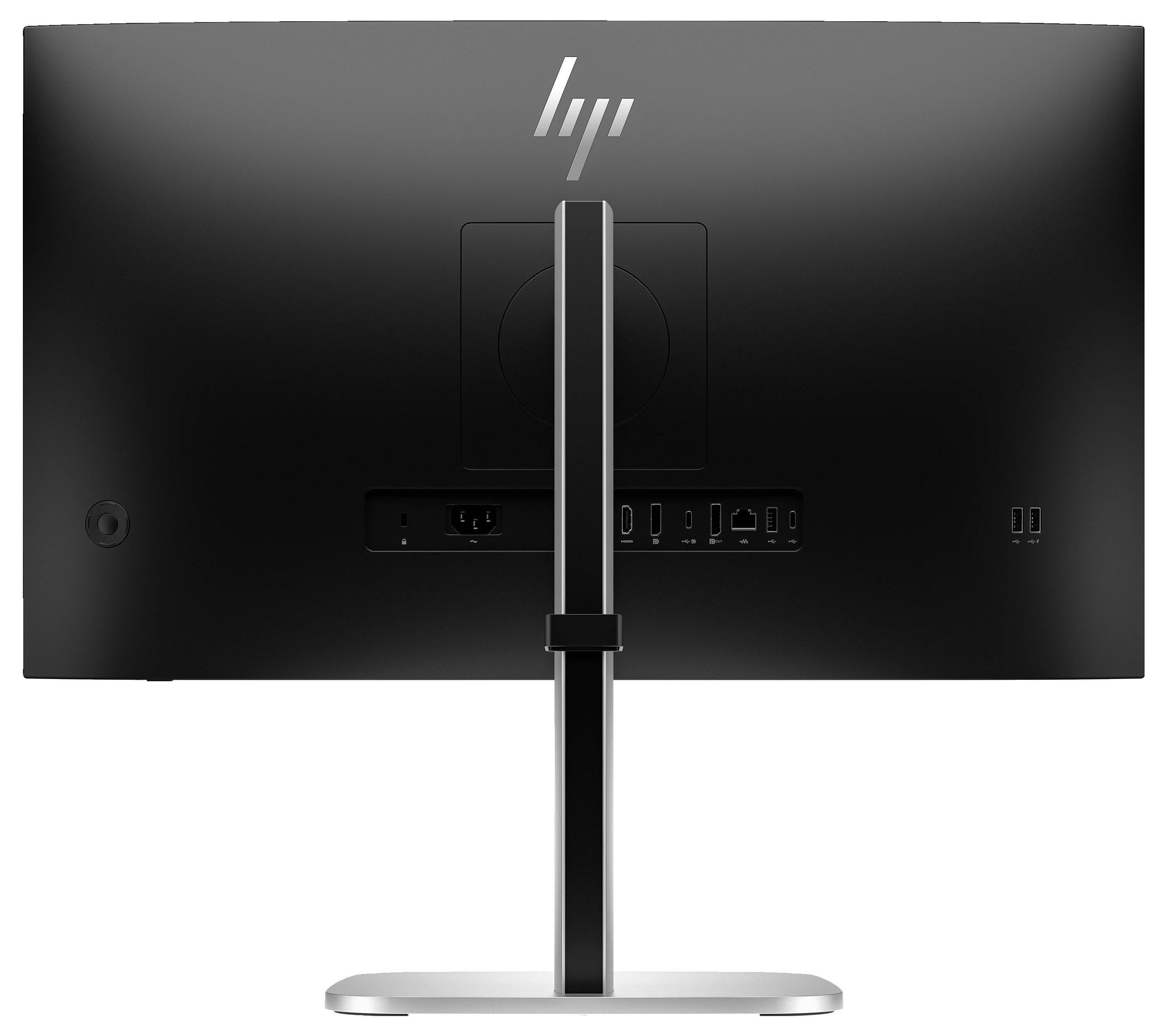 Ein Computerbildschirm von hinten, sichtbar sind verschiedene Anschlüsse und ein stabiler Standfuß.