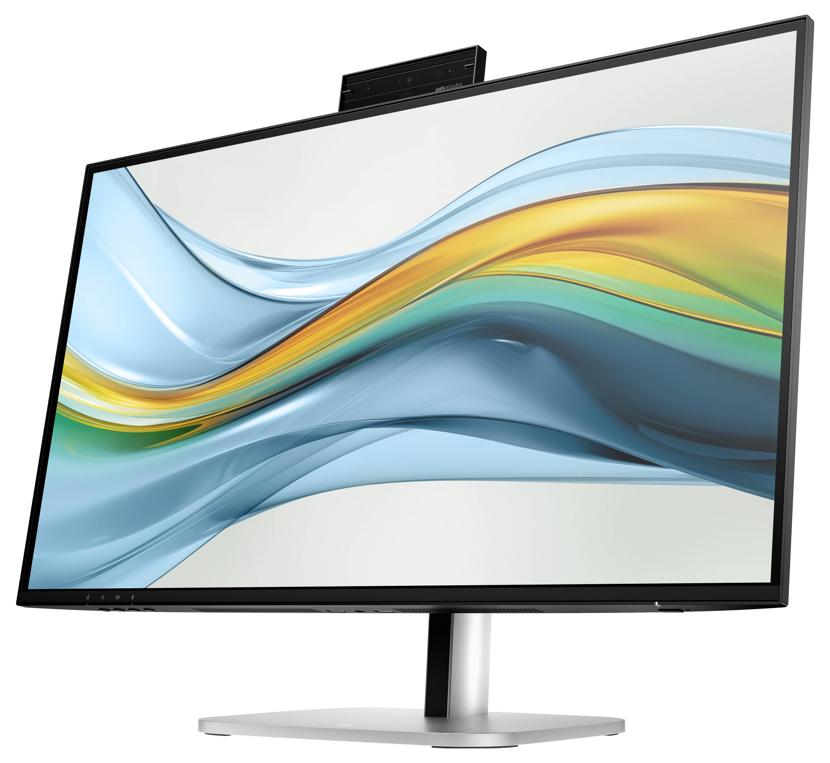 Ein großer Computerbildschirm zeigt ein abstraktes farbenfrohes Wellenmuster in Blau und Orange. Der Bildschirm steht schräg.