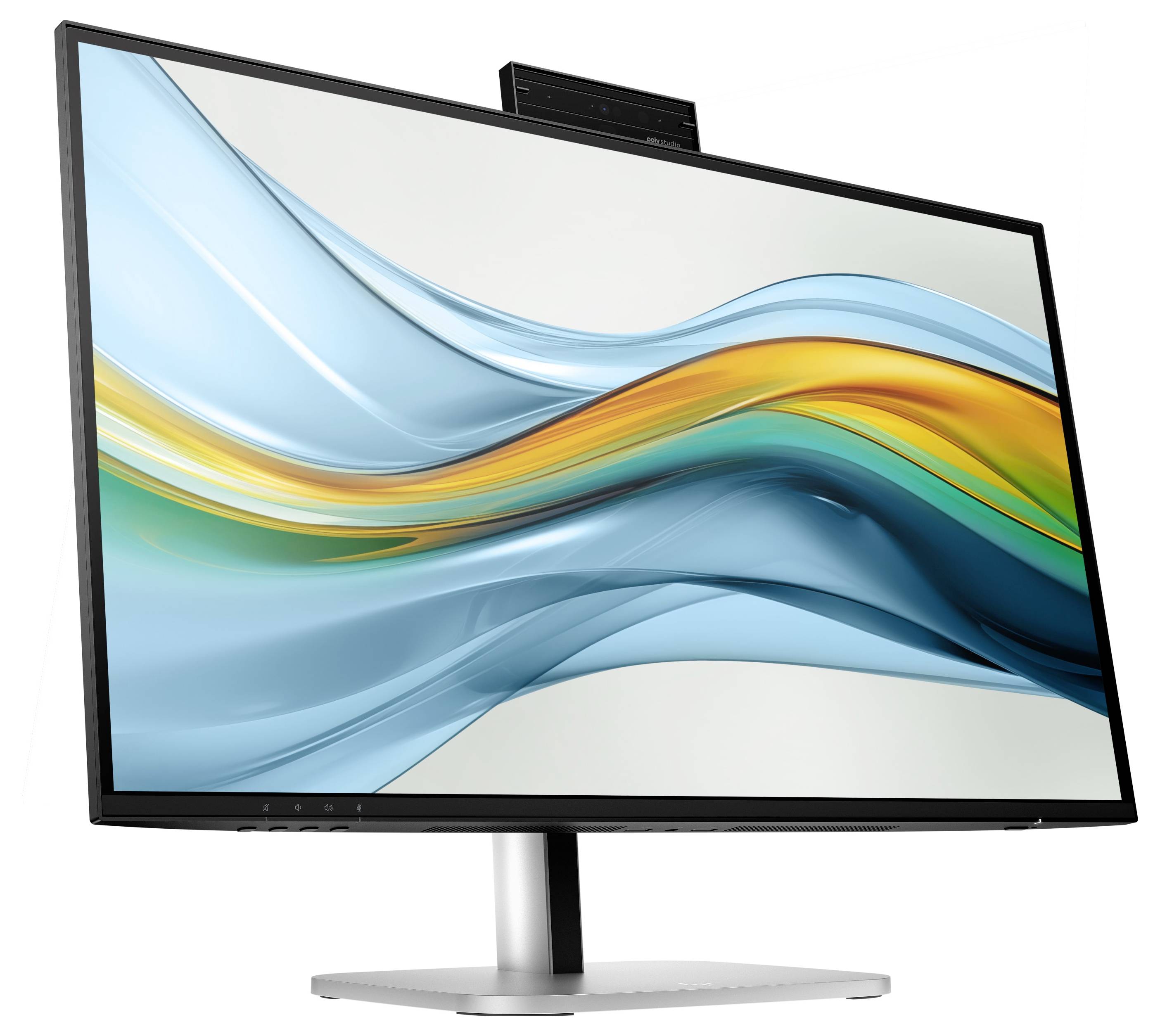 Ein moderner Computerbildschirm mit schlankem Rahmen. Auf dem Bildschirm ist ein abstraktes, wellenförmiges Design in Blau- und Orangetönen zu sehen.