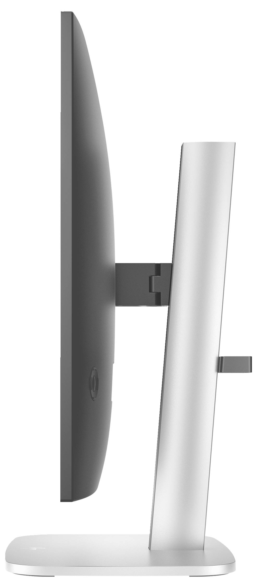 Ein schmaler Computermonitor seitlich gesehen, zeigt das dünne Design und den stabilen, silberfarbenen Standfuß.