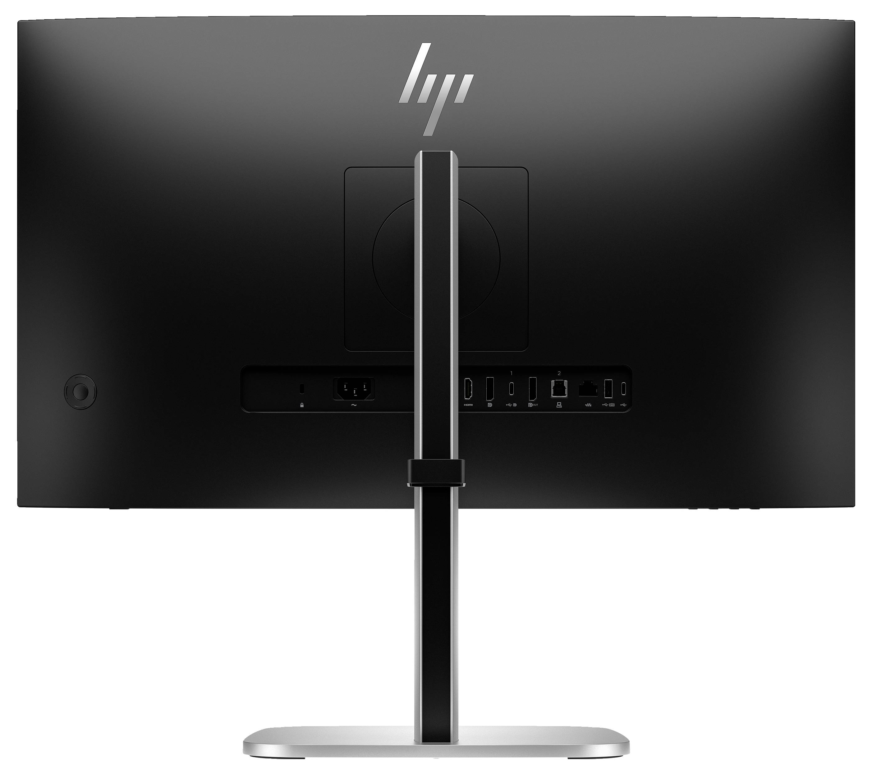 Rückansicht eines schwarzen Monitors mit Standfuß. Oben ist ein Logo zu sehen, unten sind verschiedene Anschlüsse erkennbar.