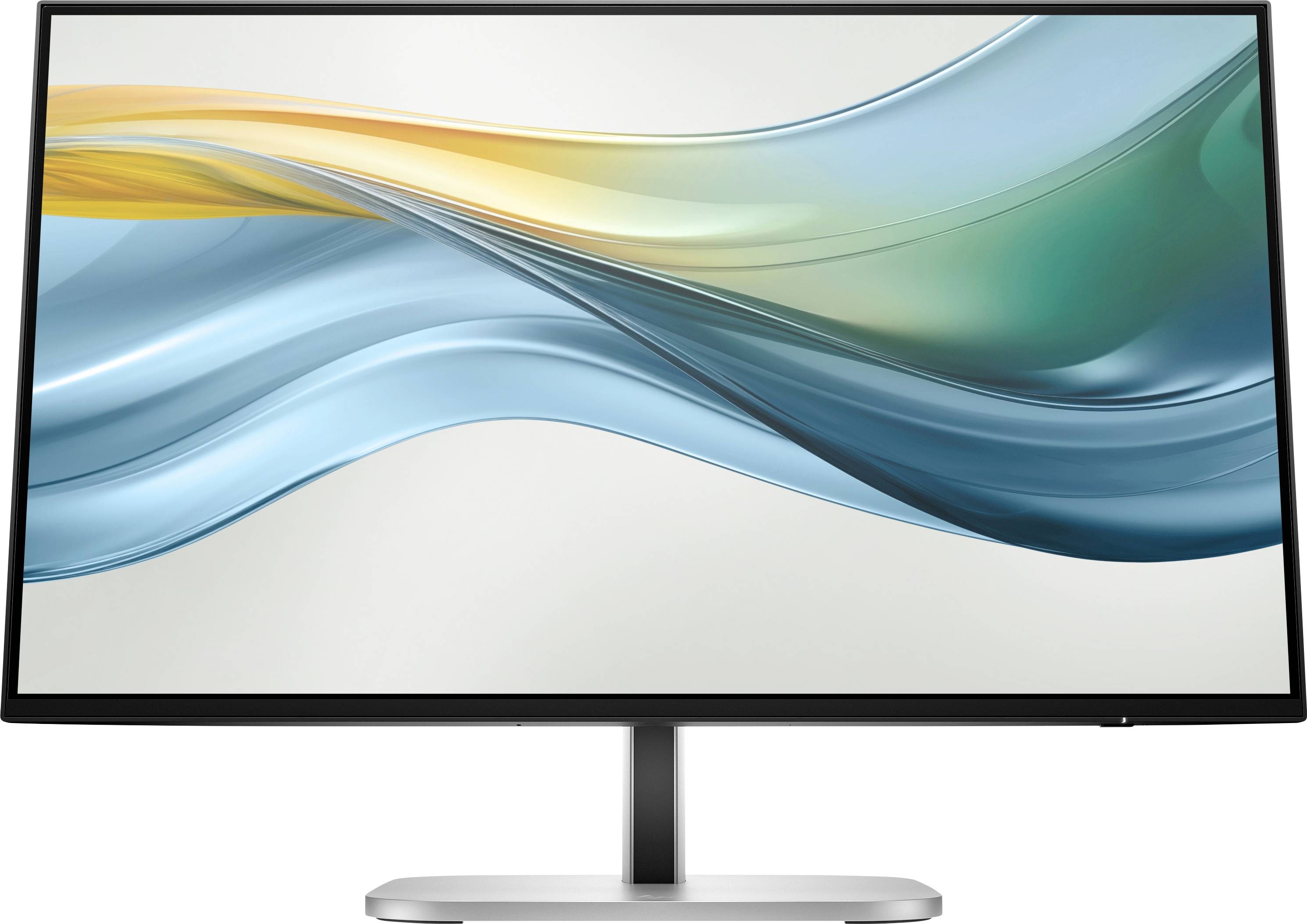 Ein moderner Computerbildschirm mit schlankem Rahmen. Die Anzeige zeigt ein abstraktes Wellendesign in Blau- und Gelbtönen.