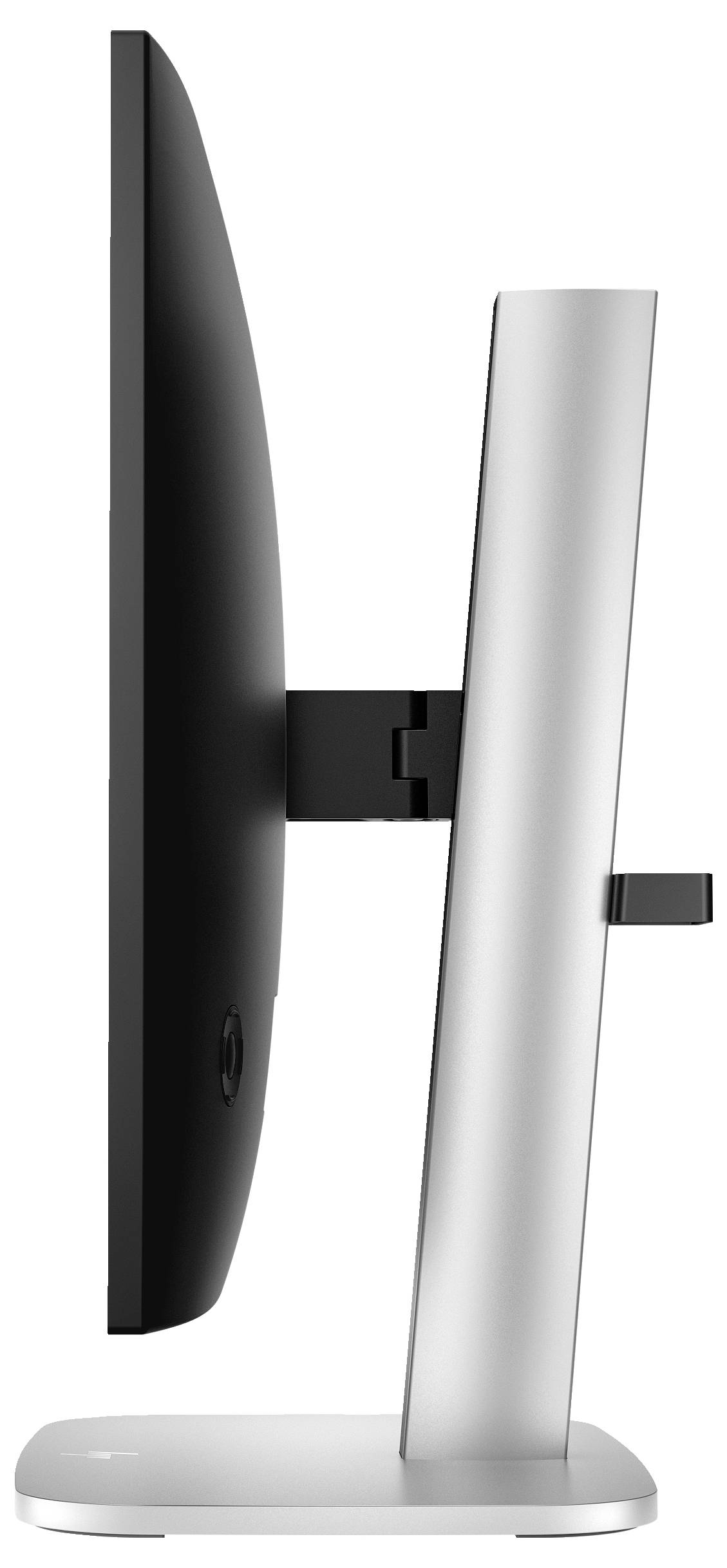 Ein seitlicher Blick auf einen Computermonitor, der an einem silbernen Standfuß befestigt ist. Der Bildschirm ist flach und schlank.