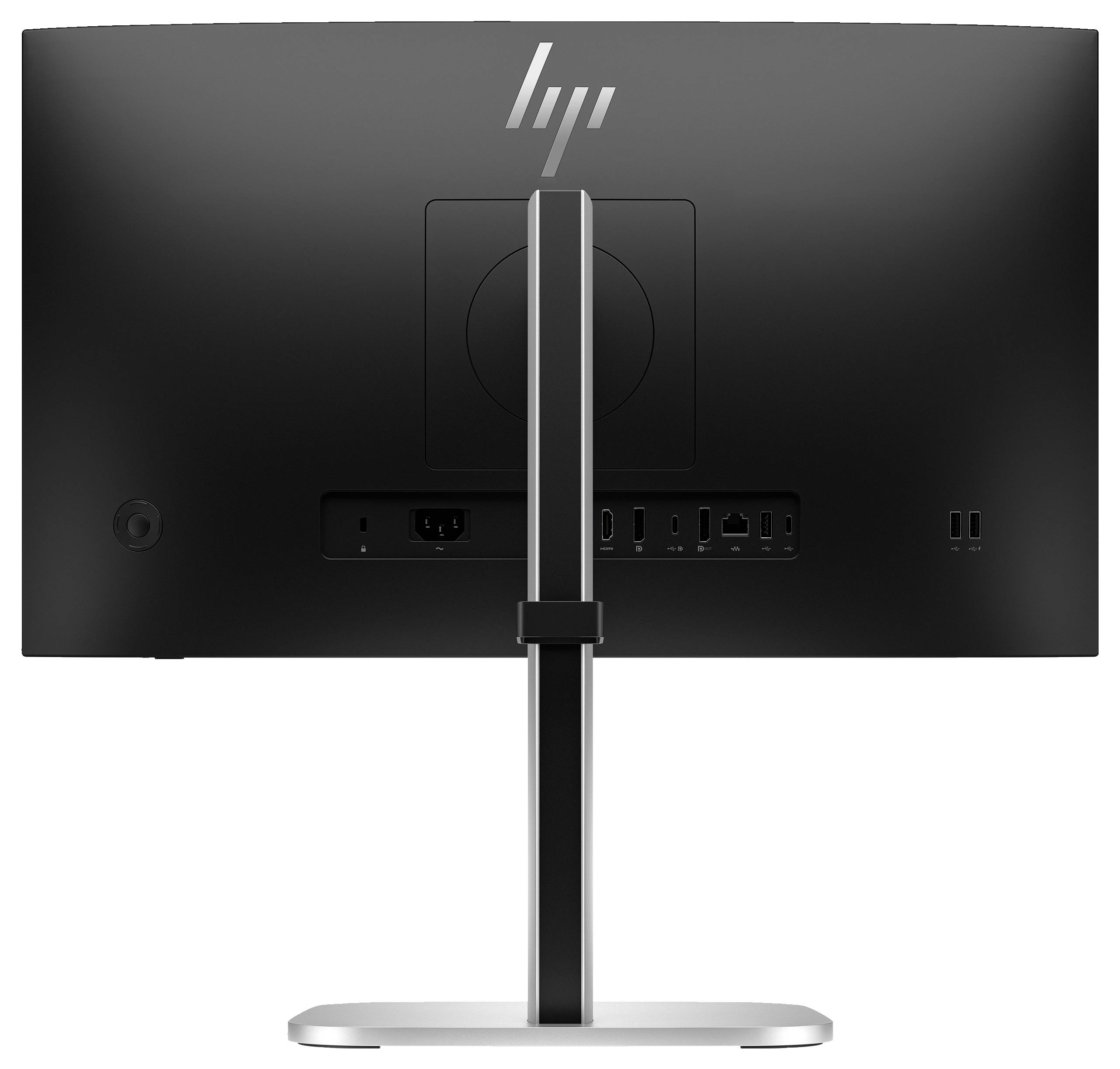 Rückansicht eines schwarzen Monitors auf einem silbernen Standfuß, mit mehreren Anschlussports sichtbar.