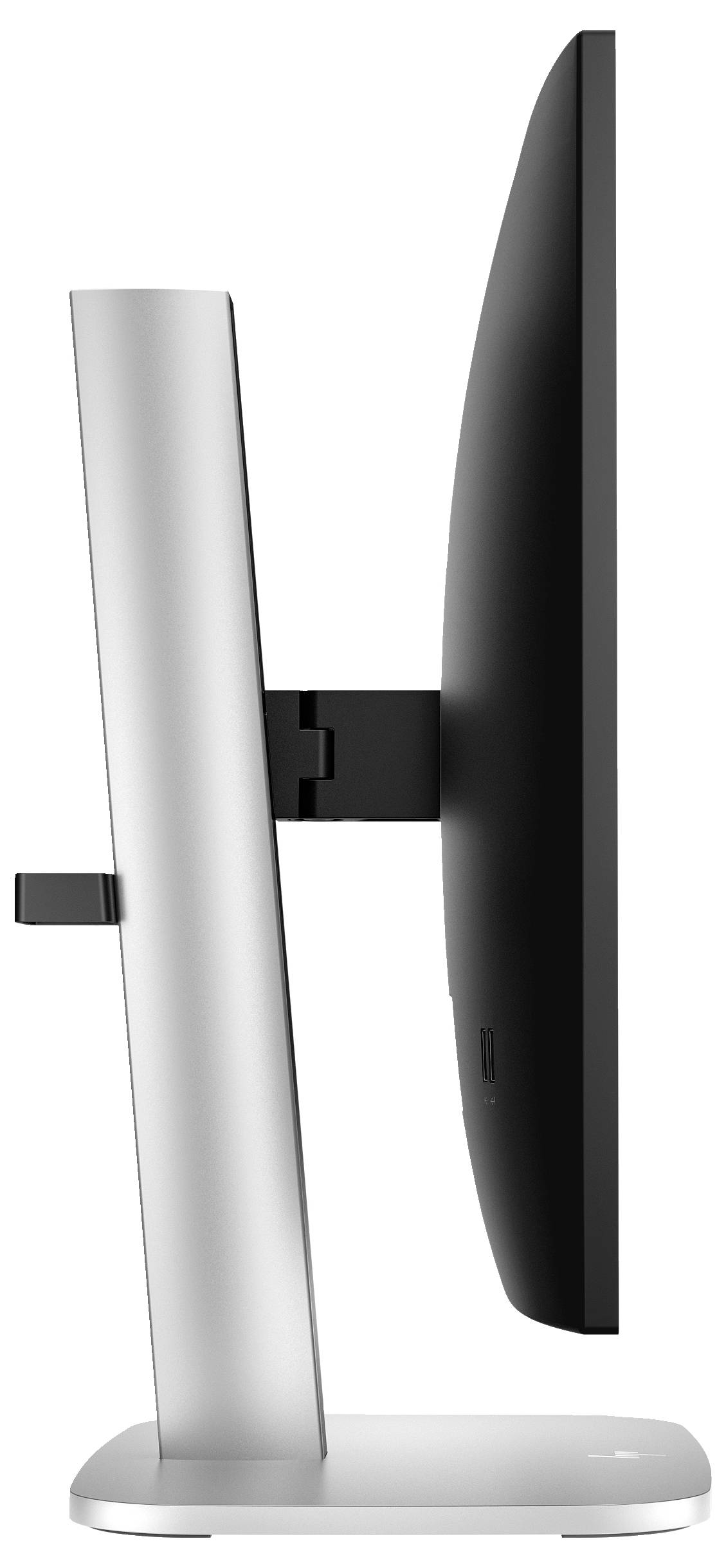 Ein moderner Computermonitor von der Seite, auf einem silbernen Standfuß montiert, mit schlankem, gebogenem Bildschirmdesign.