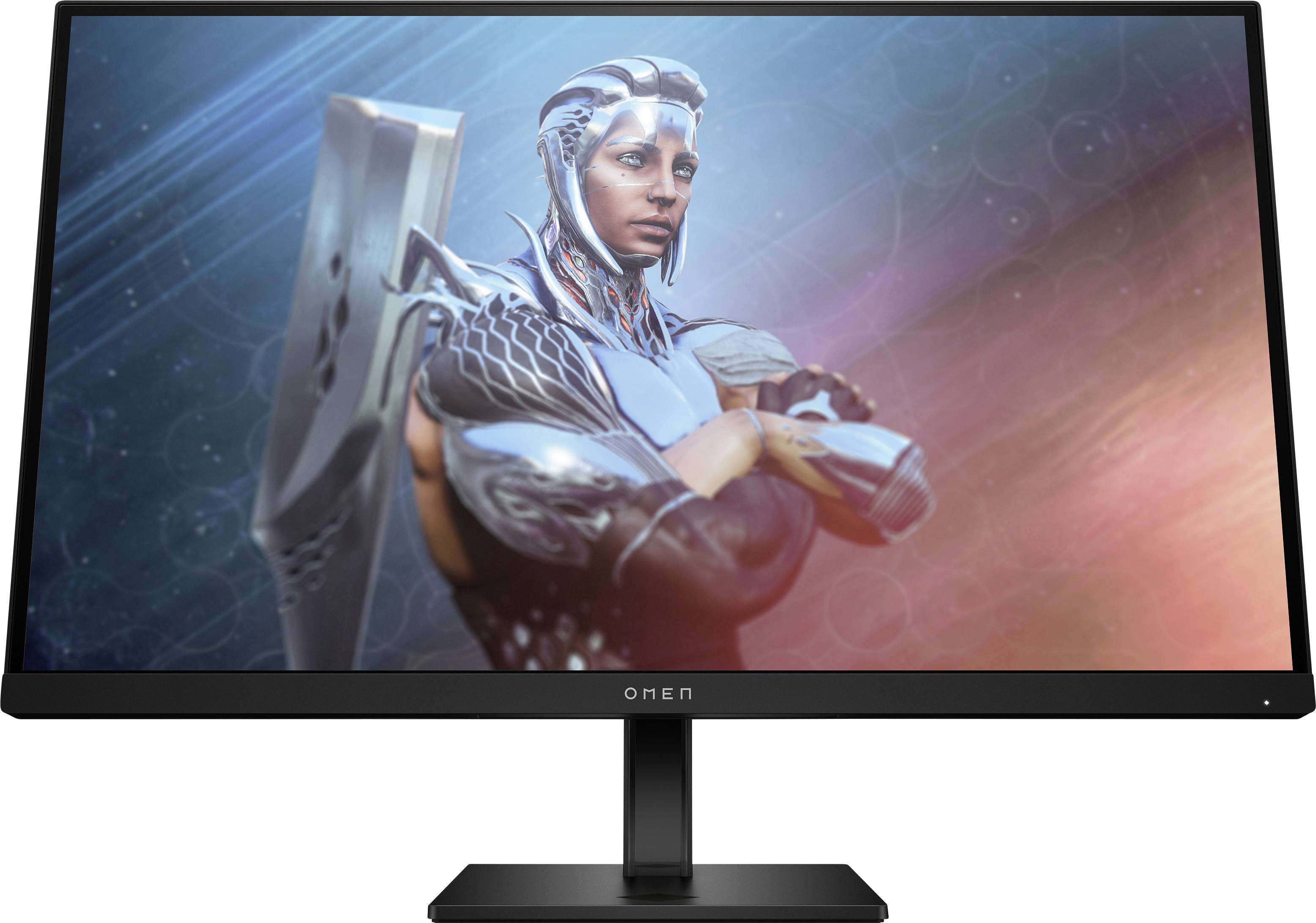 Ein Computermonitor zeigt eine futuristische Person in Rüstung, die entschlossen schaut. Farbenfrohe, abstrakte Hintergründe ergänzen das Bild.