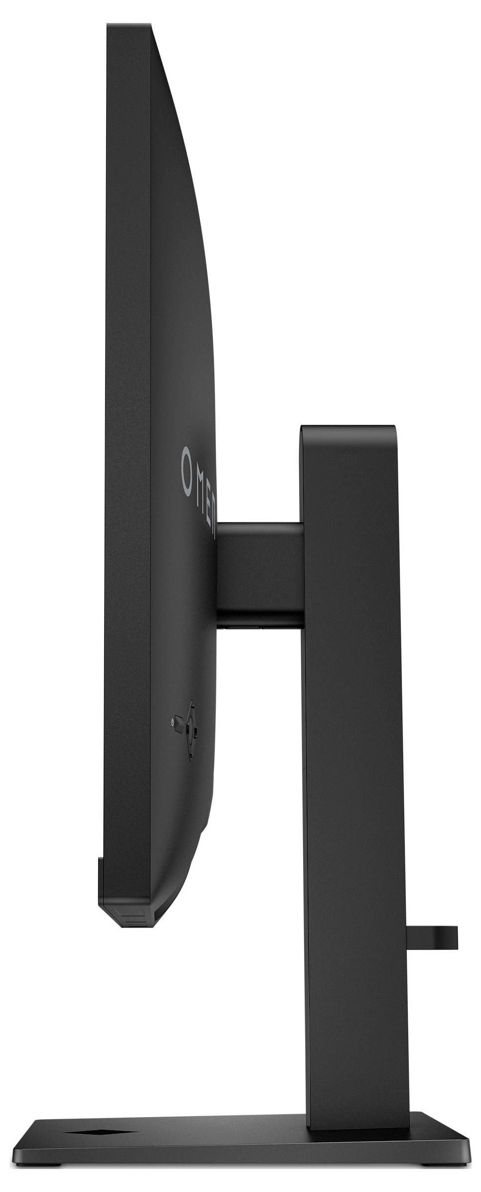 Seitliche Ansicht eines schlanken, schwarzen Computermonitors auf einem rechteckigen Standfuß, das Design betont die dünne Bauweise.