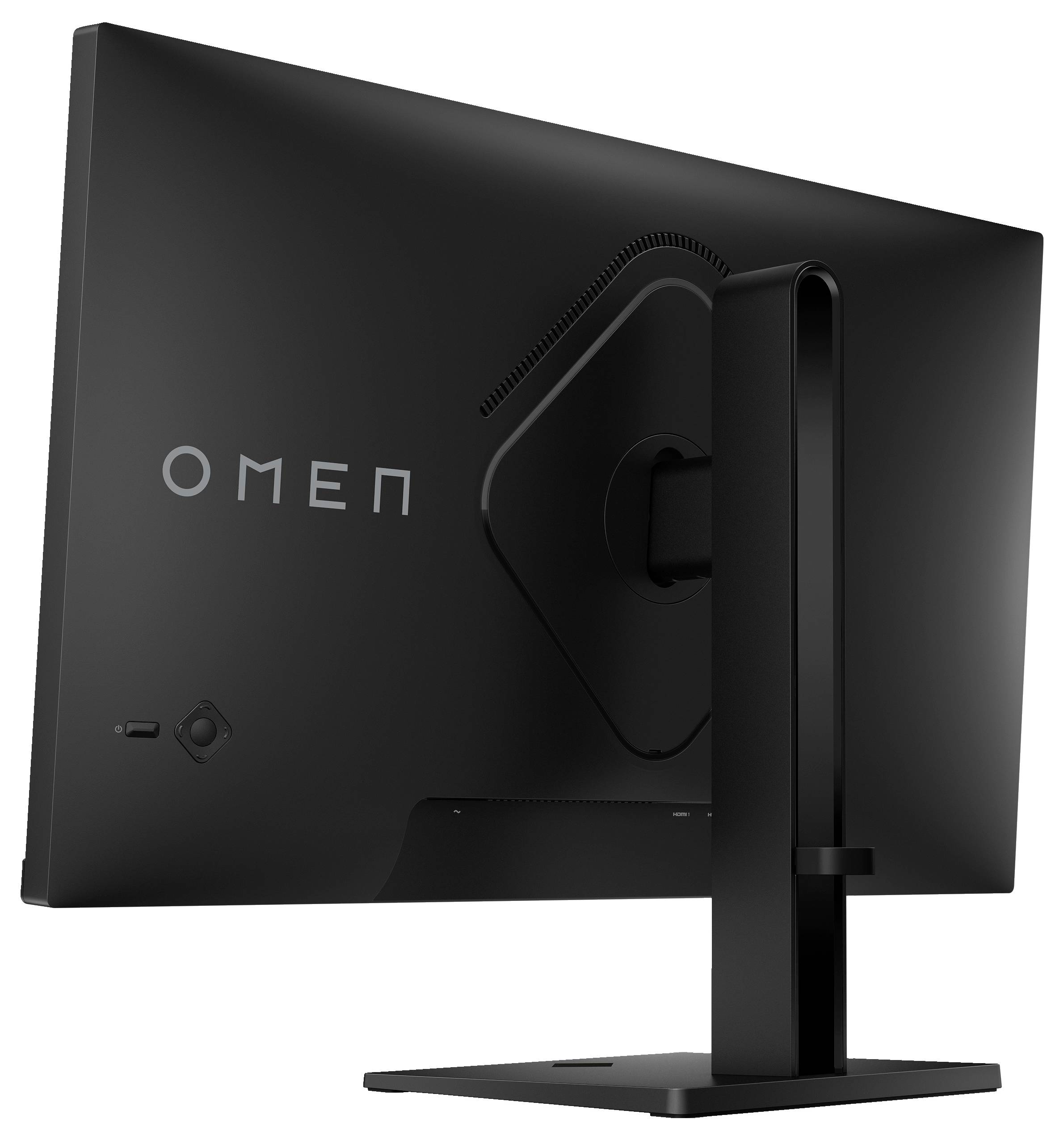 Rückansicht eines schwarzen Computer-Monitors mit der Aufschrift 'OMEN'. Der Standfuß ist robust und höhenverstellbar.