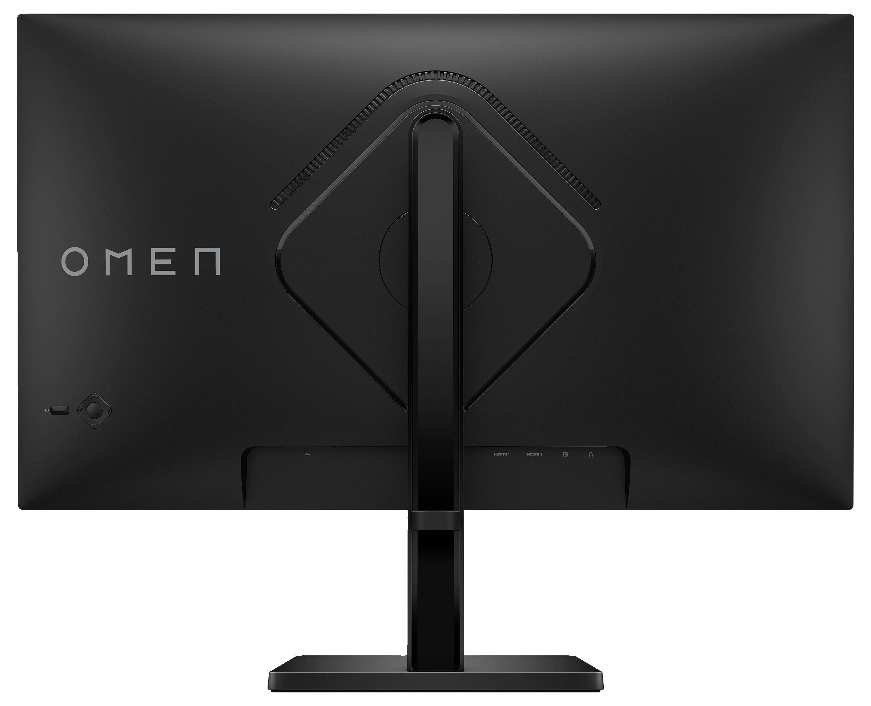 Ein schwarzer Computerbildschirm von hinten. Links oben steht 'OMEN'. Der Bildschirm hat einen stabilen Standfuß.
