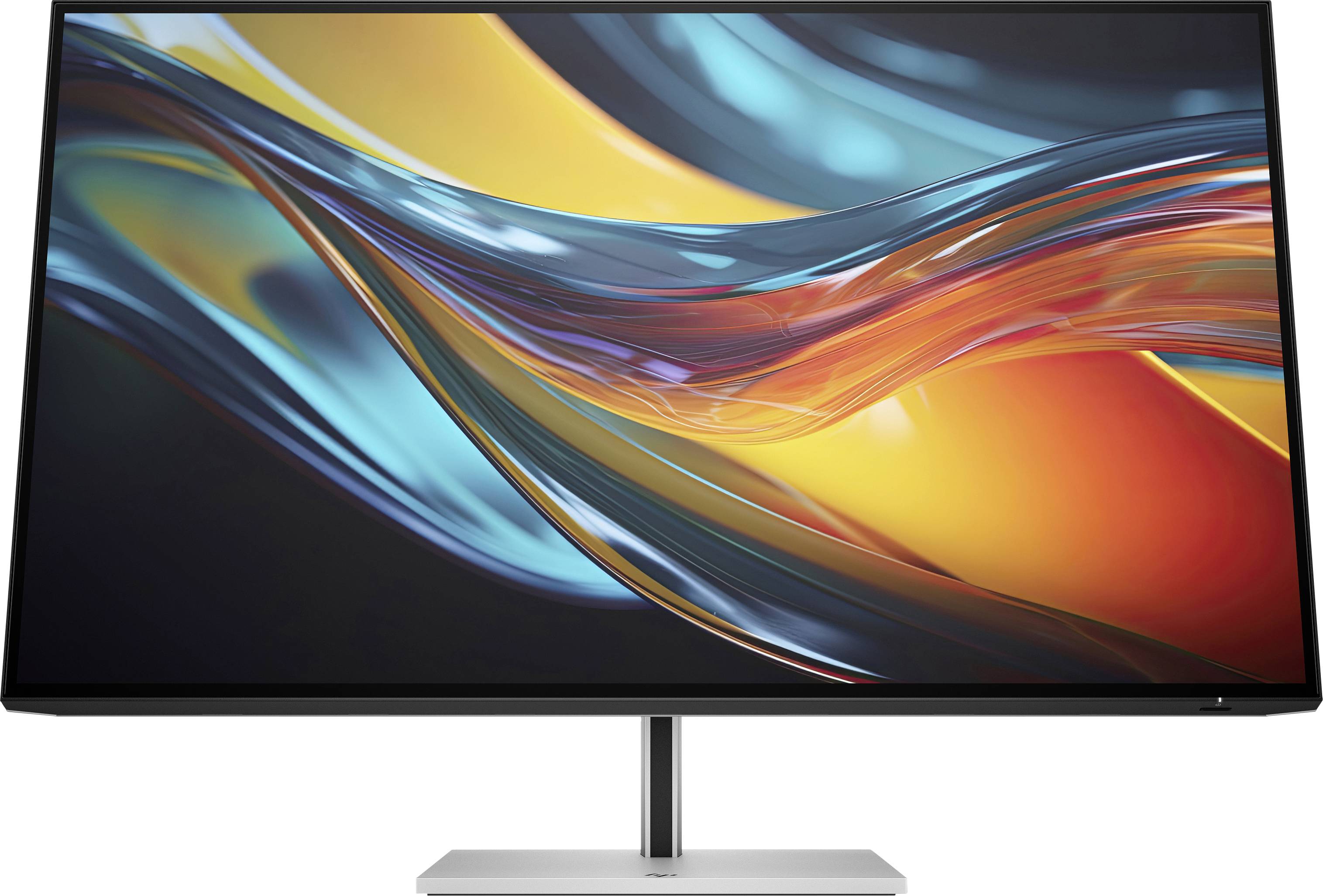 Ein Computerbildschirm mit einem bunten, abstrakten digitalen Kunstwerk, das geschwungene Linien in Blau- und Orangetönen zeigt.