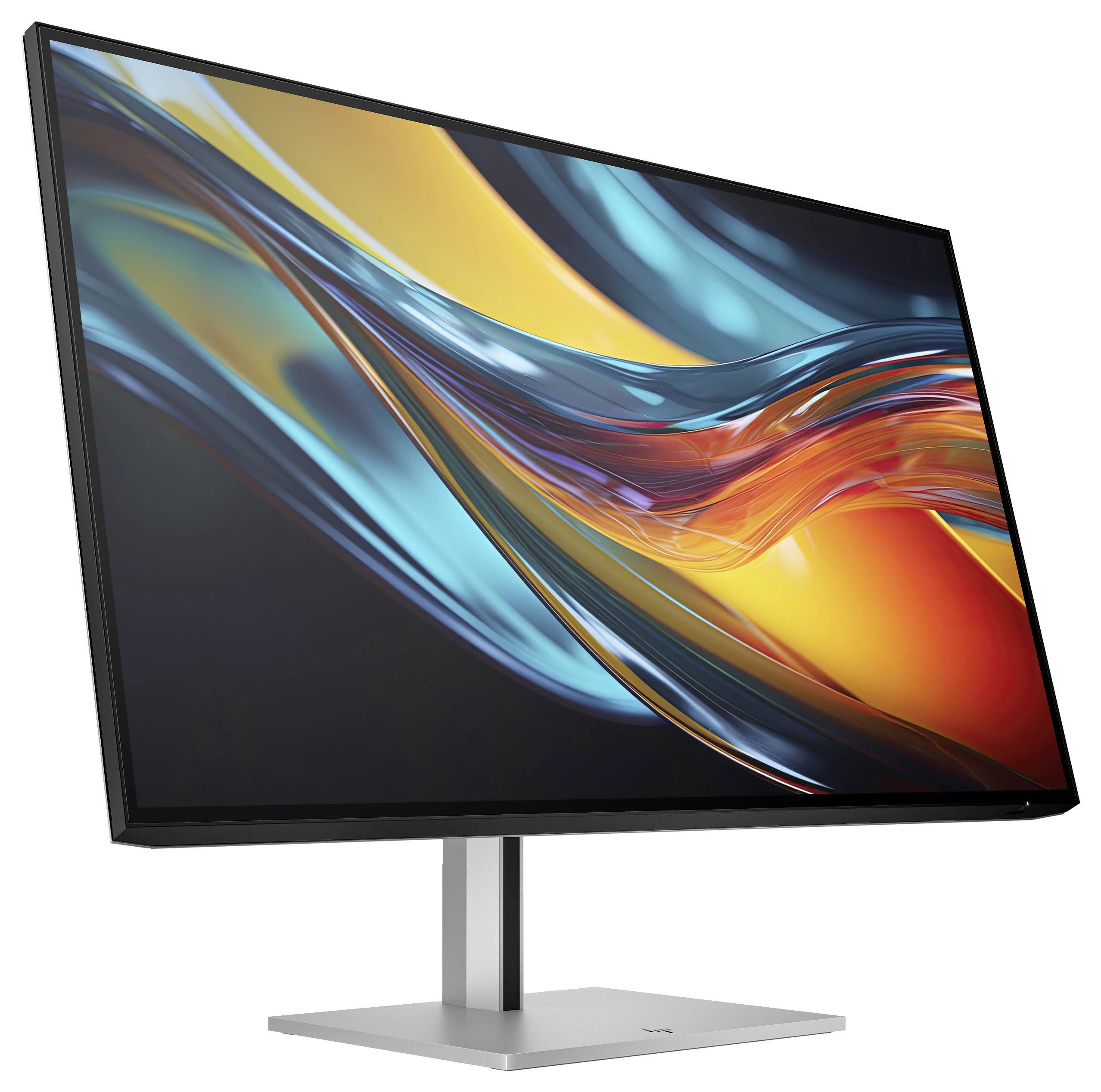 Ein moderner Computerbildschirm zeigt ein abstraktes, farbenfrohes Design auf seinem Display. Der Bildschirm hat einen schlanken, silbernen Standfuß.