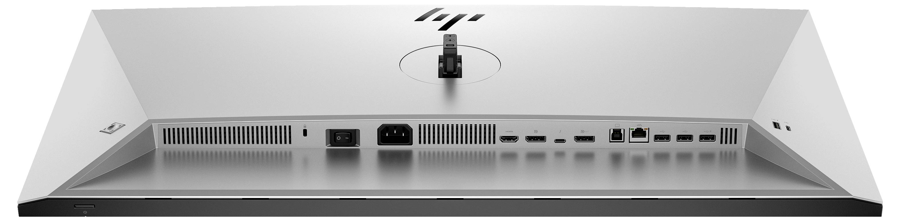 Rückansicht eines Monitors mit diversen Anschlussmöglichkeiten wie HDMI, USB und Netzwerkkabel, sowie einem Netzschalter.