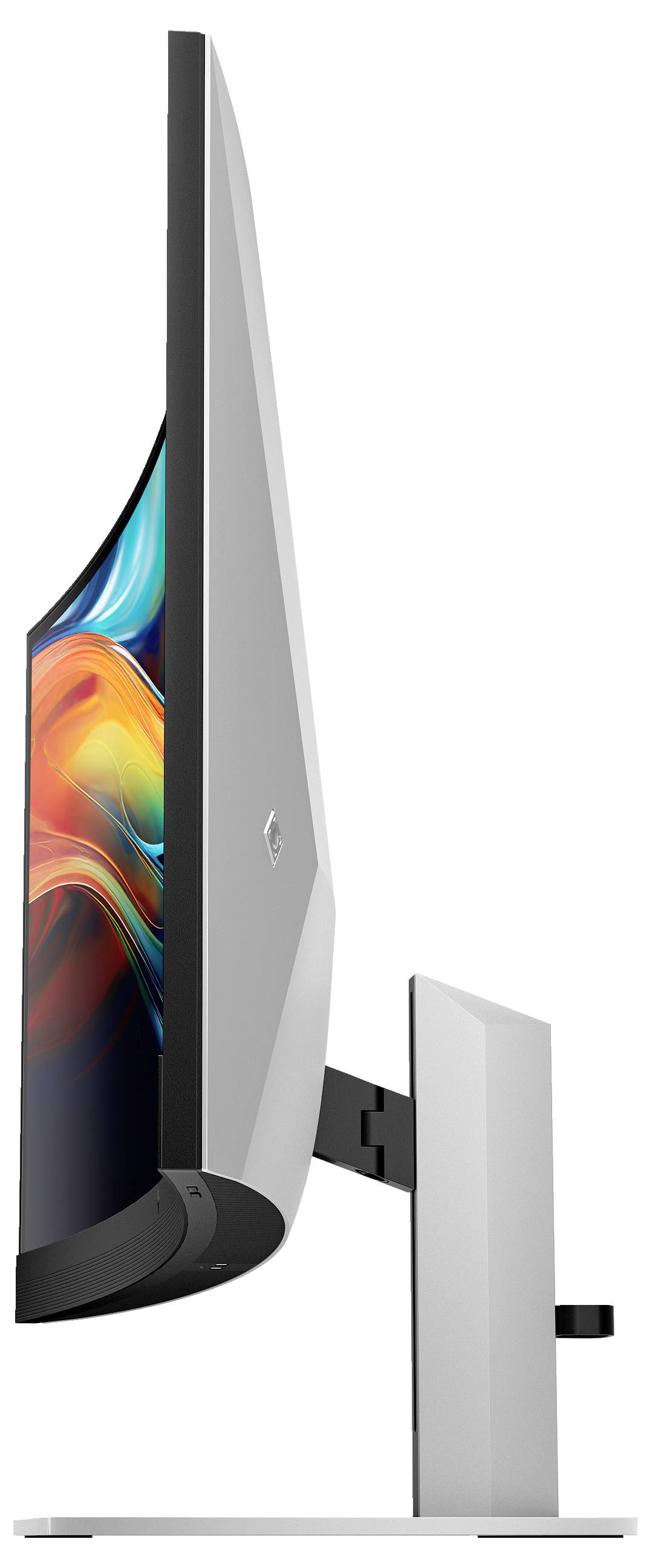 Ein seitlicher Blick auf einen modernen, gekrümmten Computerbildschirm mit farbenfrohem Display, auf einem stabilen Standfuß montiert.
