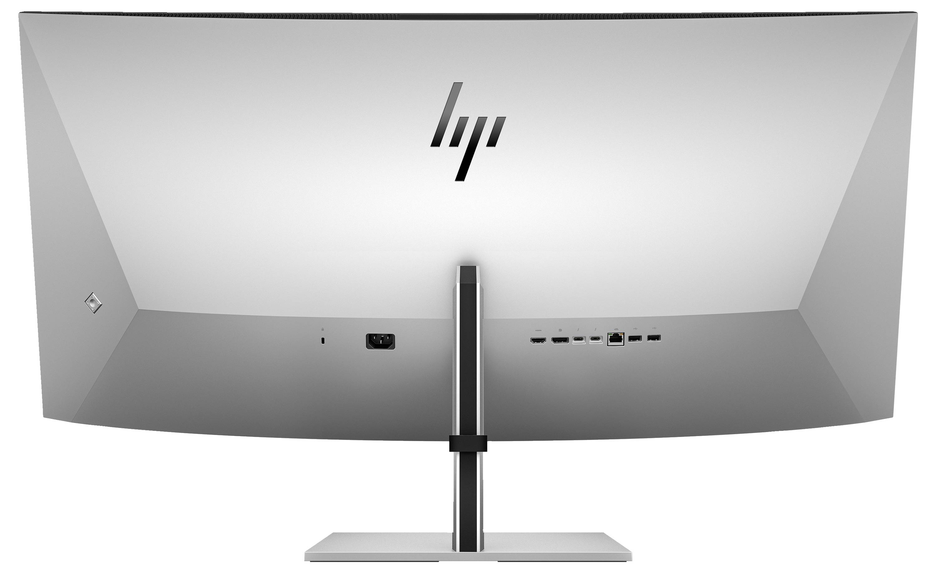 Ein gebogener Monitor von hinten mit dem Logo eines Unternehmens, mehreren Anschlüssen und einem stabilen Standfuß.