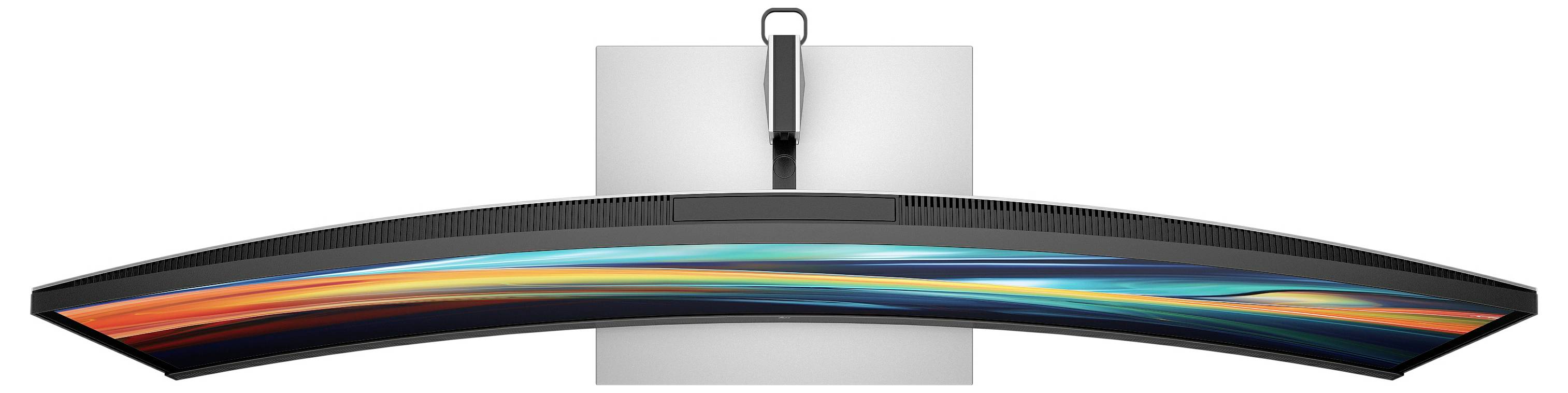 Ein geschwungener, ultrabreiter Monitor von oben betrachtet, zeigt eine farbenfrohe Bildschirmdarstellung. Moderner Standfuß in der Mitte.