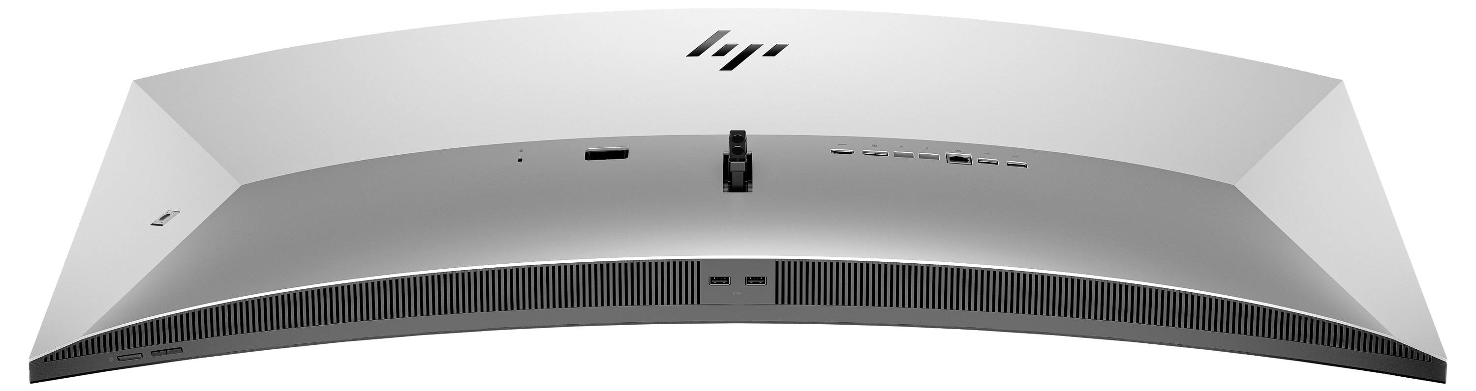 Rückansicht eines modernen Computer-Monitors mit Anschlüssen für Strom, HDMI, USB und Audiokabel, darunter Lüftungsschlitze.