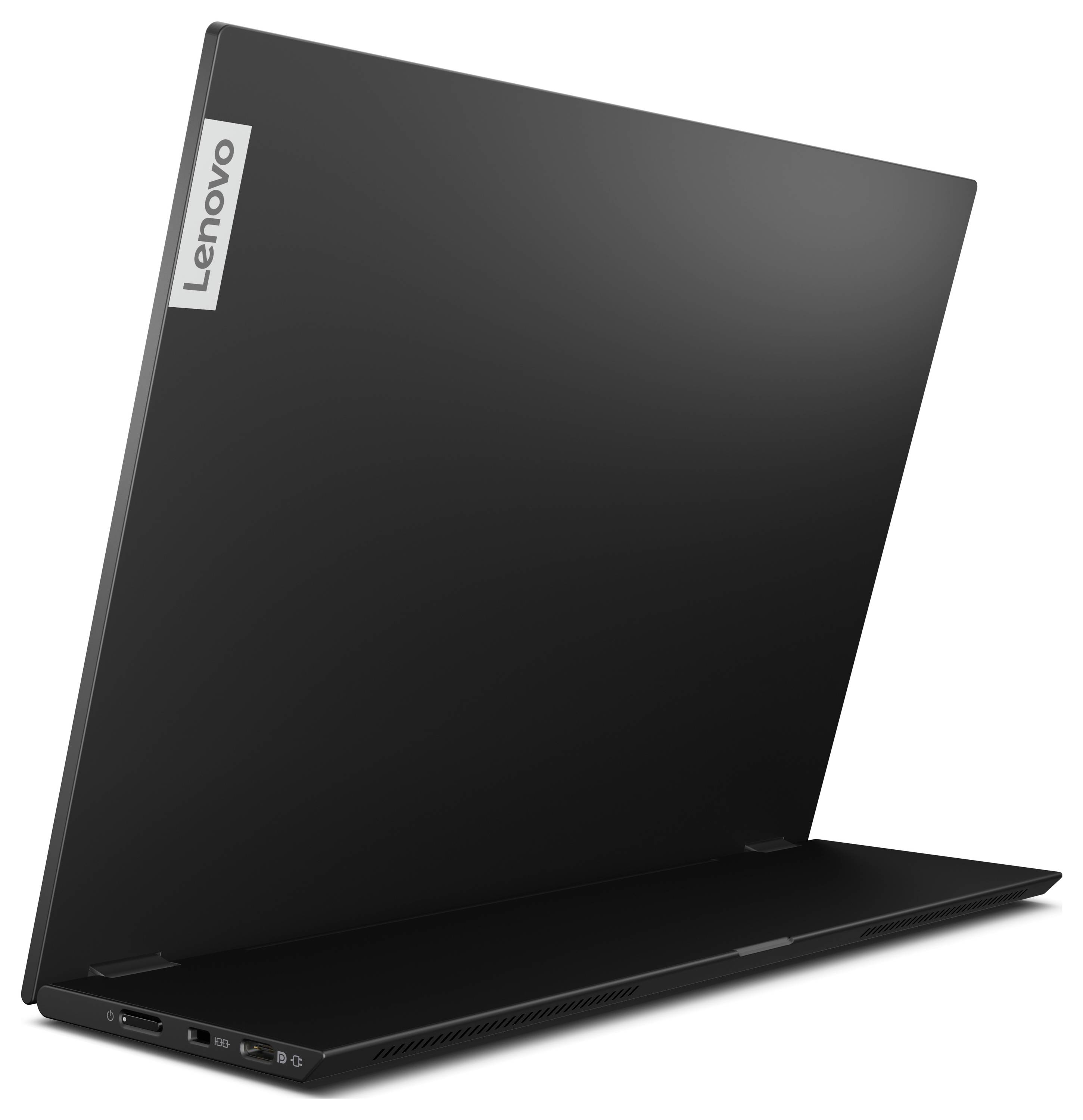 Schwarzer Laptop von Lenovo, geöffnet und leicht nach hinten geneigt, zeigt die Rückseite des Bildschirms und seitliche Anschlüsse.