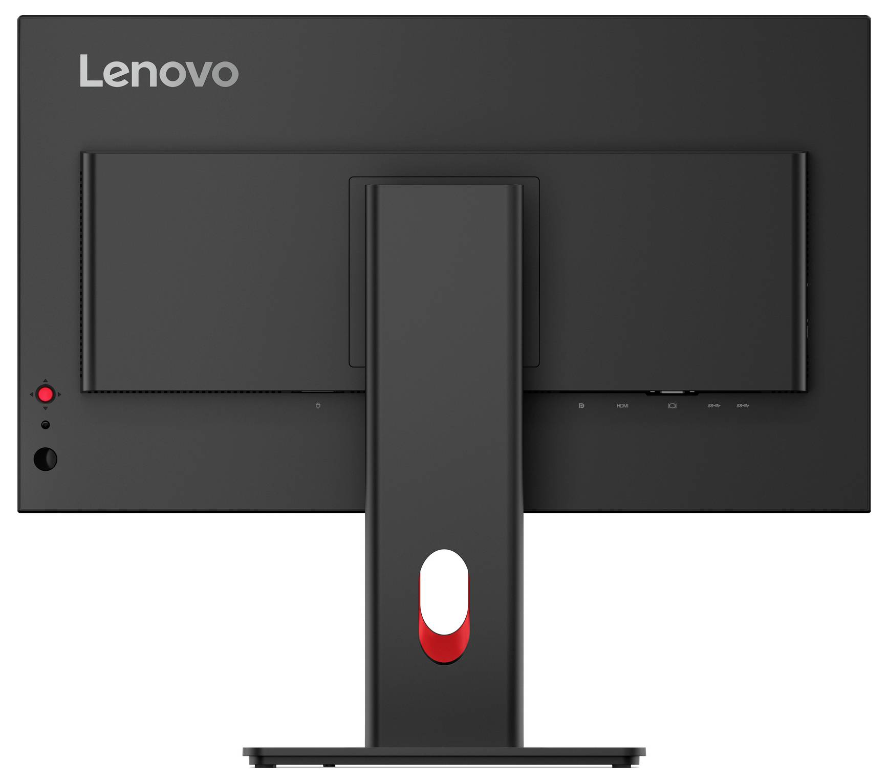 Rückansicht eines Lenovo Monitors auf einem Standfuß. Das Design ist schlank und minimalistisch, geeignet für Büro- oder Heimgebrauch.