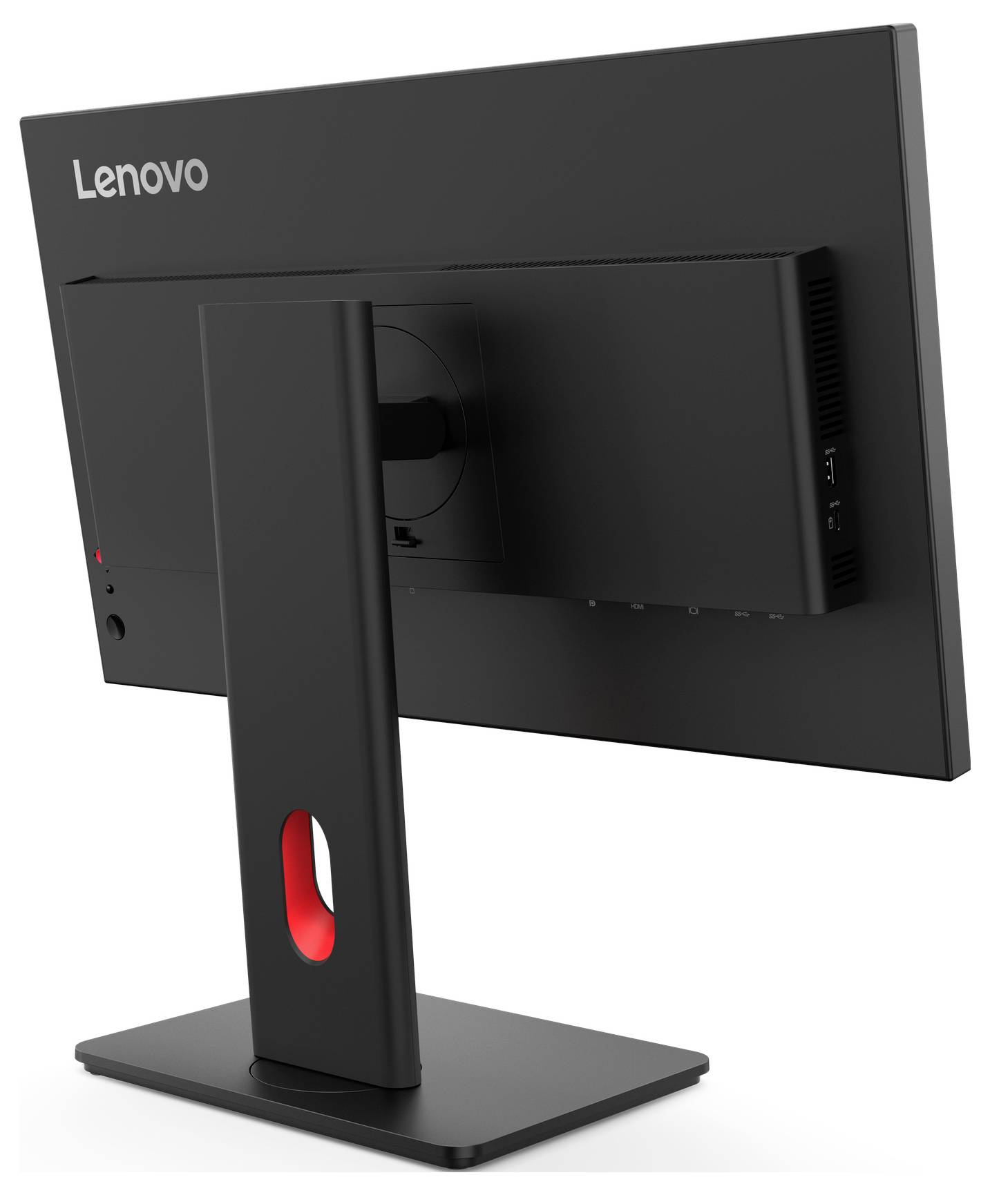 Ein schwarzer Lenovo-Monitor von hinten, mit einem stabilen Standfuß und einem roten Akzent, steht auf einer flachen Basis.