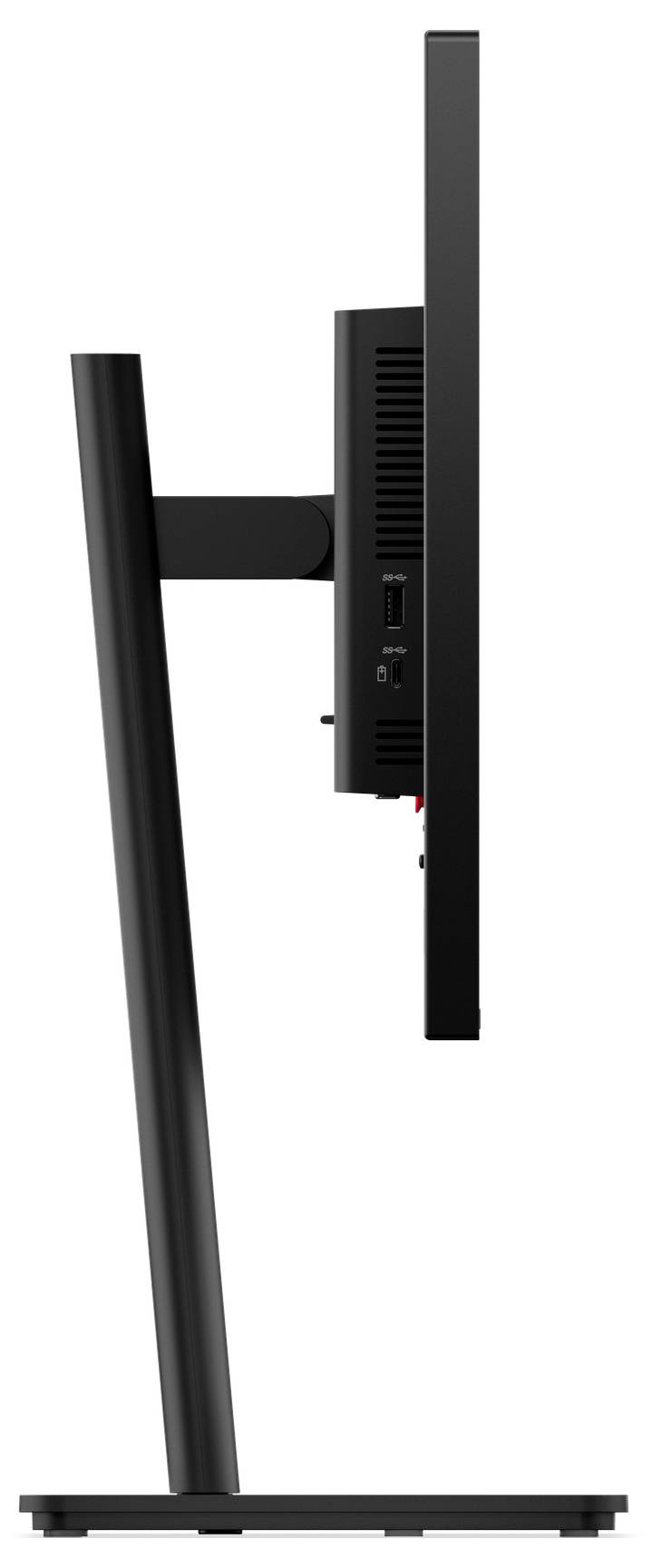 Seitliche Ansicht eines schlanken Computerbildschirms auf einem Standfuß, der nach rechts zeigt. Der Bildschirm hat schmale Ränder.