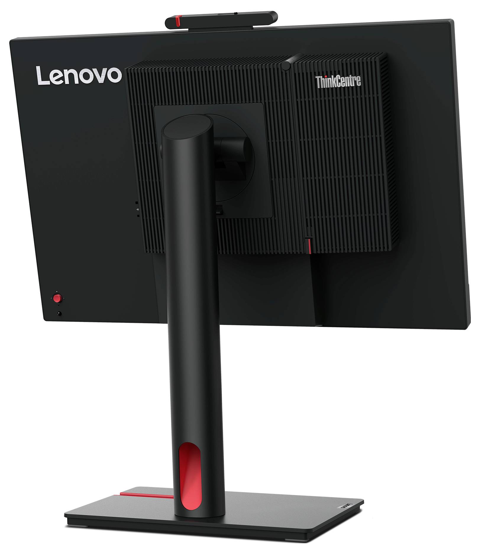 Ein schwarzer Lenovo ThinkCentre Monitor von hinten, montiert auf einem verstellbaren Standfuß. Markenlogo oben links sichtbar.