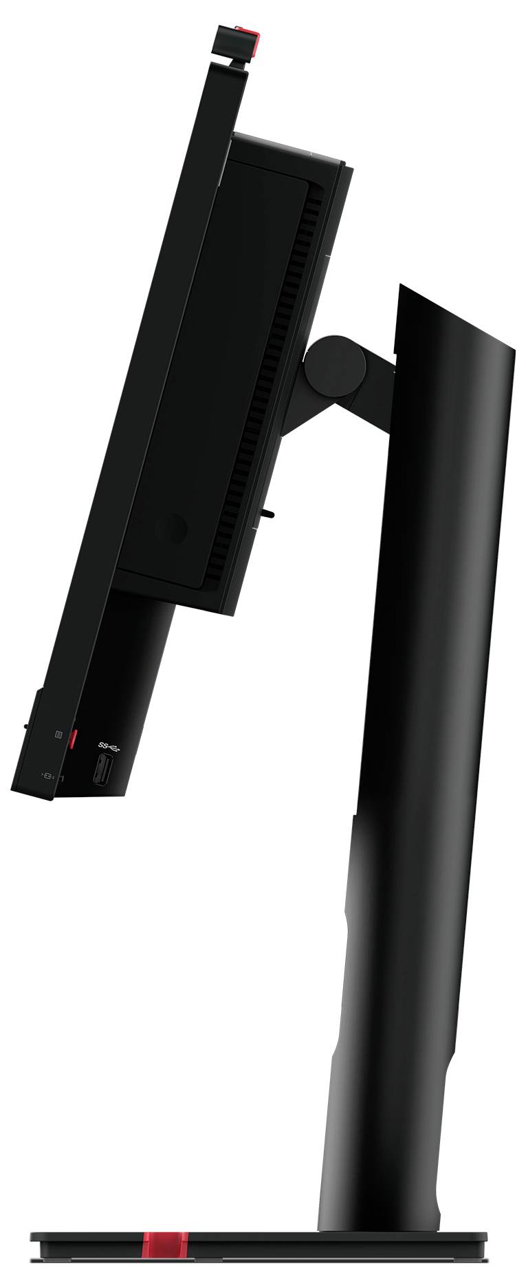 Schwarzer Computerbildschirm mit verstellbarem Standfuß in seitlicher Ansicht, neig- und höhenverstellbar.