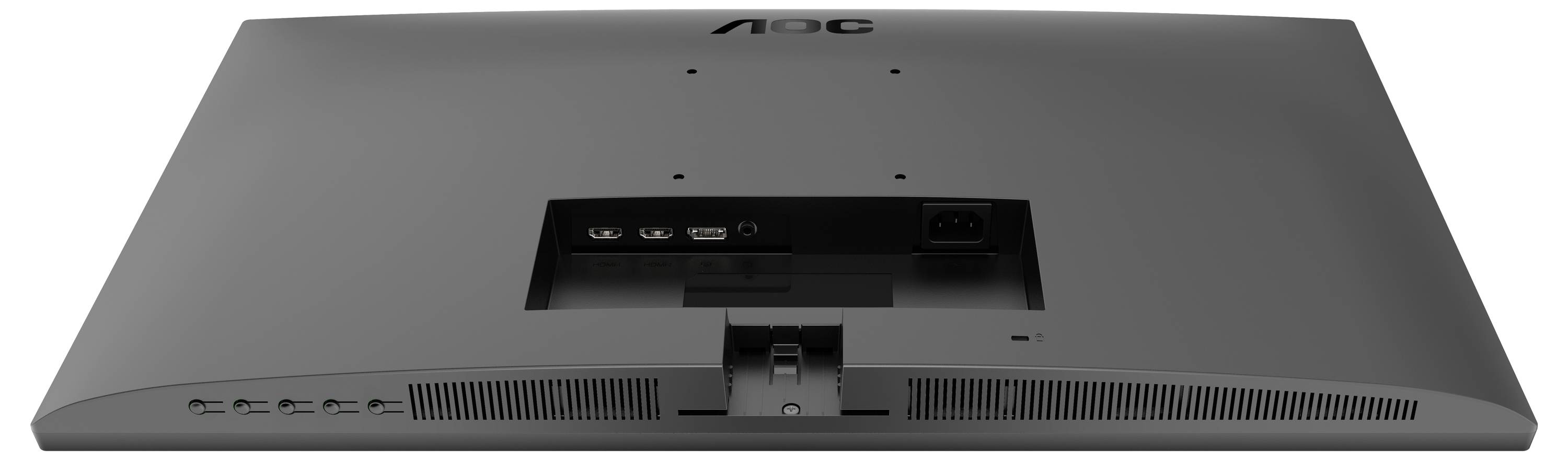 Ein schwarzer Computermonitor von hinten, zeigt die Rückseite mit den Anschlüssen und Tasten auf der linken Seite.