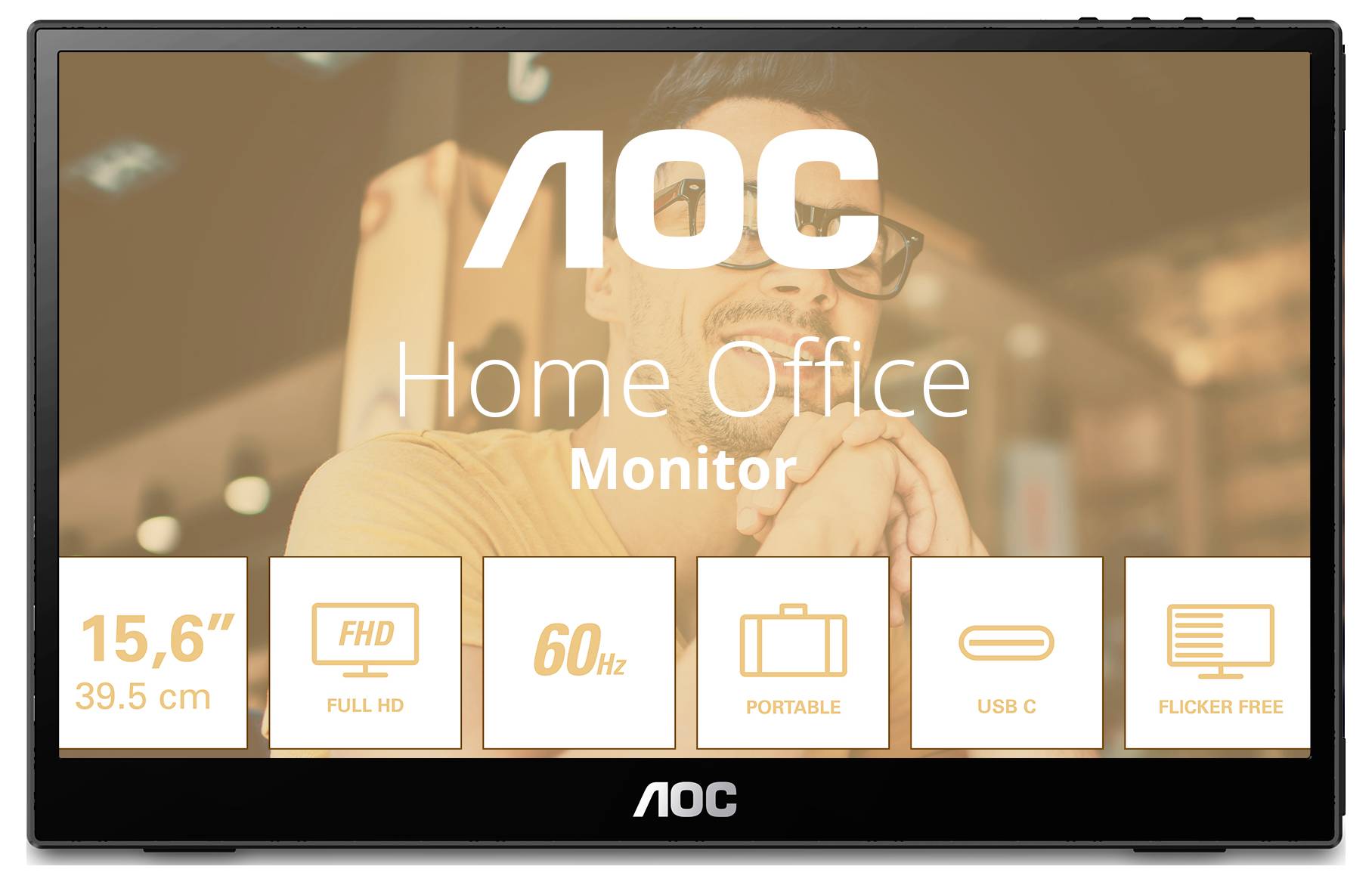 AOC Home Office Monitor, 15,6 Zoll, Full HD, 60 Hz, tragbar, USB-C, flimmerfrei. Hauptbildschirm zeigt Hauptmerkmale im Vordergrund.