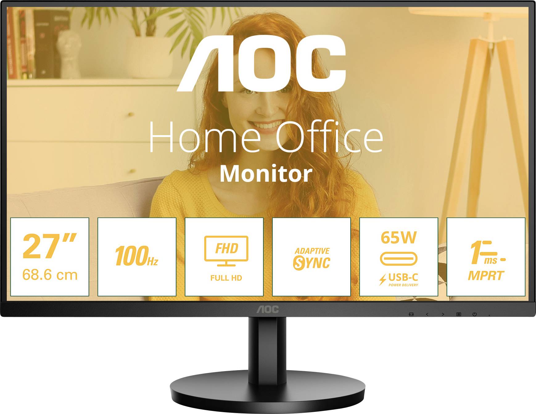AOC Monitor für Home Office, 27 Zoll, 100 Hz, Full HD, Adaptive Sync, 65W USB-C, 1 ms Reaktionszeit. Hintergrund: lächelnde Person.