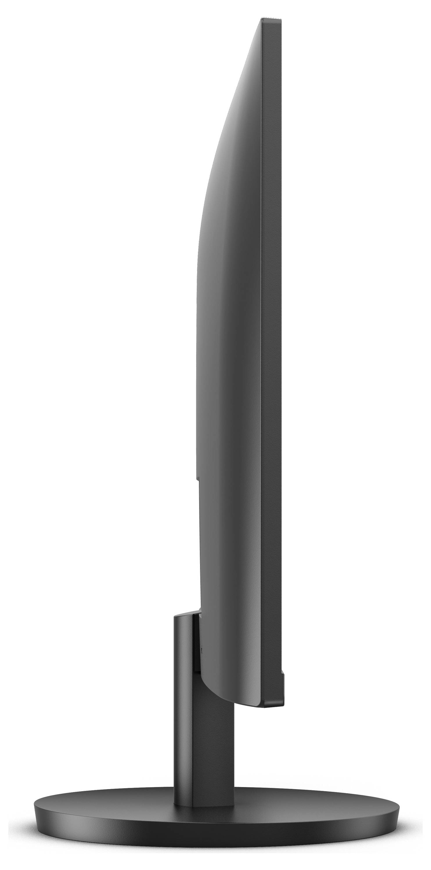 Ein schwarzer Flachbildschirm von der Seite, montiert auf einem runden Standfuß, zeigt das dünne, moderne Design eines Monitors.