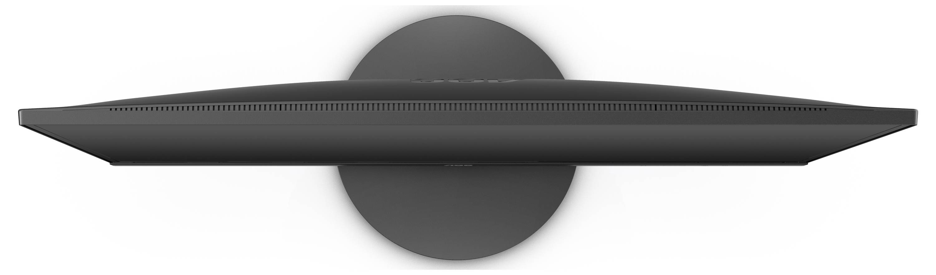 Ansicht eines dünnen, schwarzen Monitors von oben. Der Bildschirm hat ein gebogenes Design, das sich für ein modernes Setup eignet.