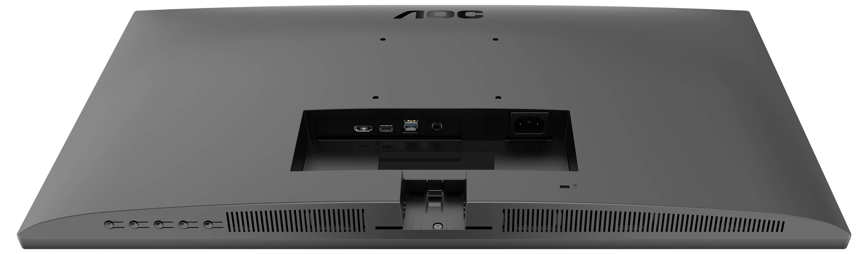 Ein grauer Computermonitor von hinten, zeigt die Anschlussmöglichkeiten und Lüftungsschlitze.